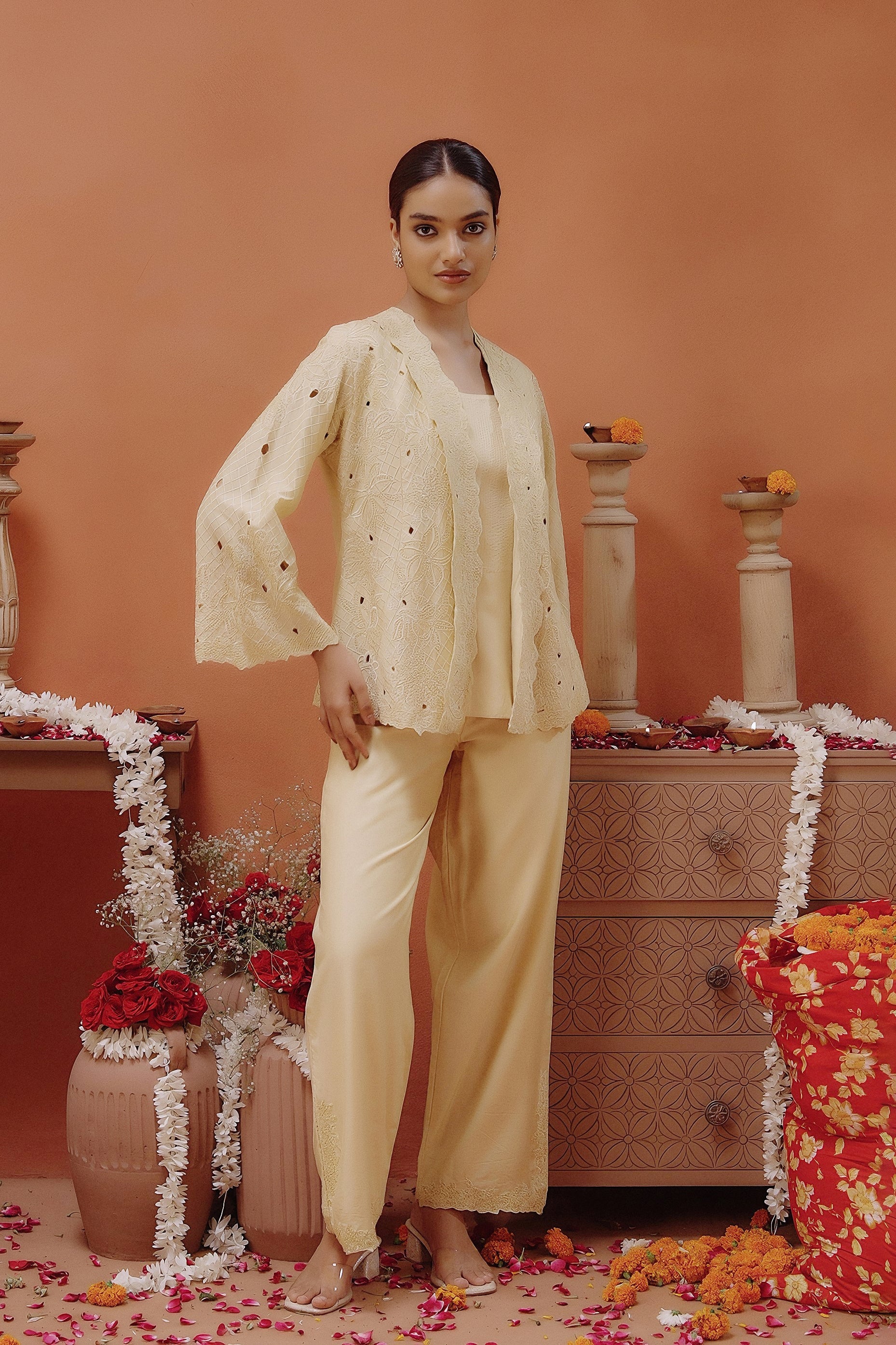 Pale Yellow Embroidered Chanderi Silk Co-Ord Set