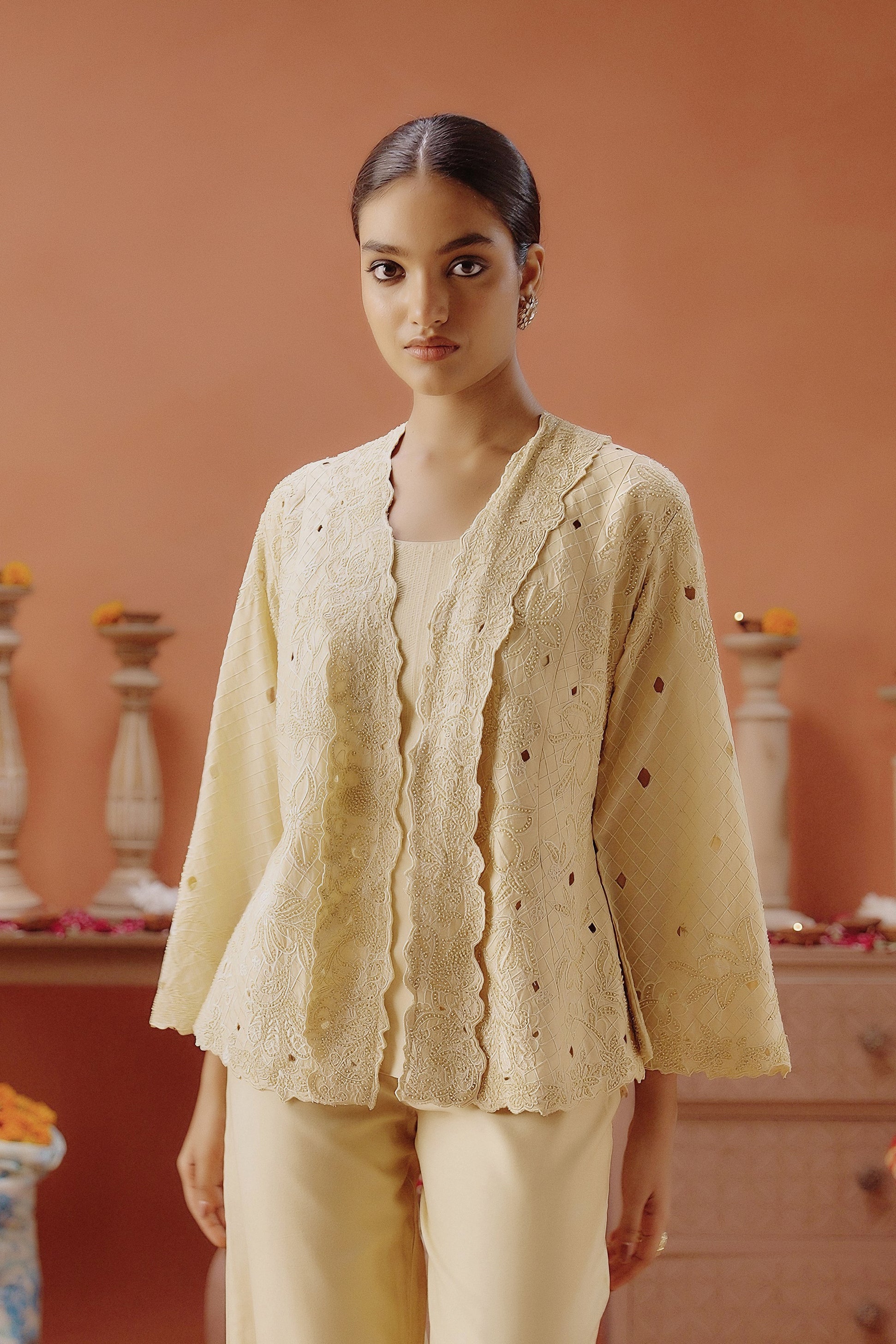 Pale Yellow Embroidered Chanderi Silk Co-Ord Set