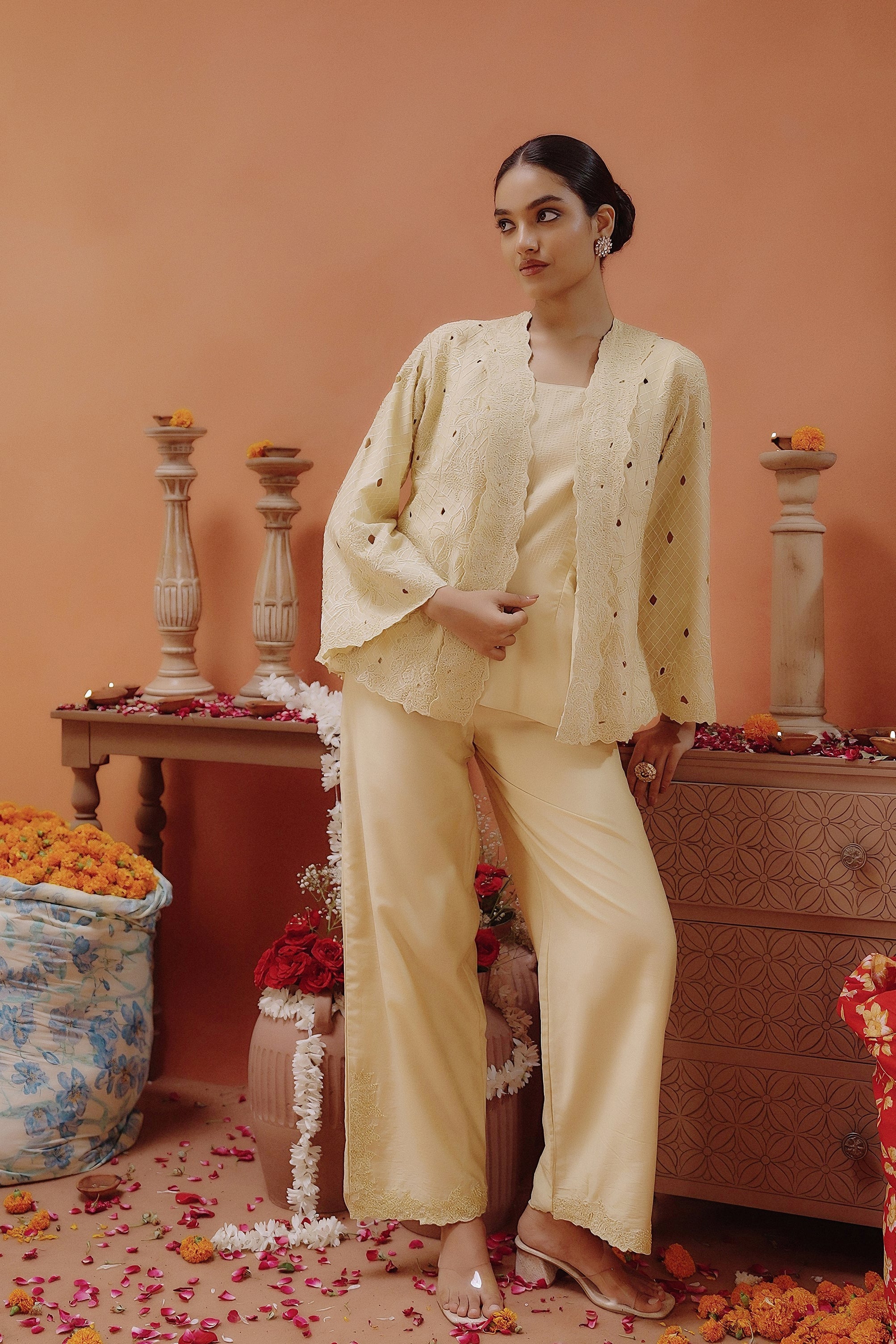 Pale Yellow Embroidered Chanderi Silk Co-Ord Set