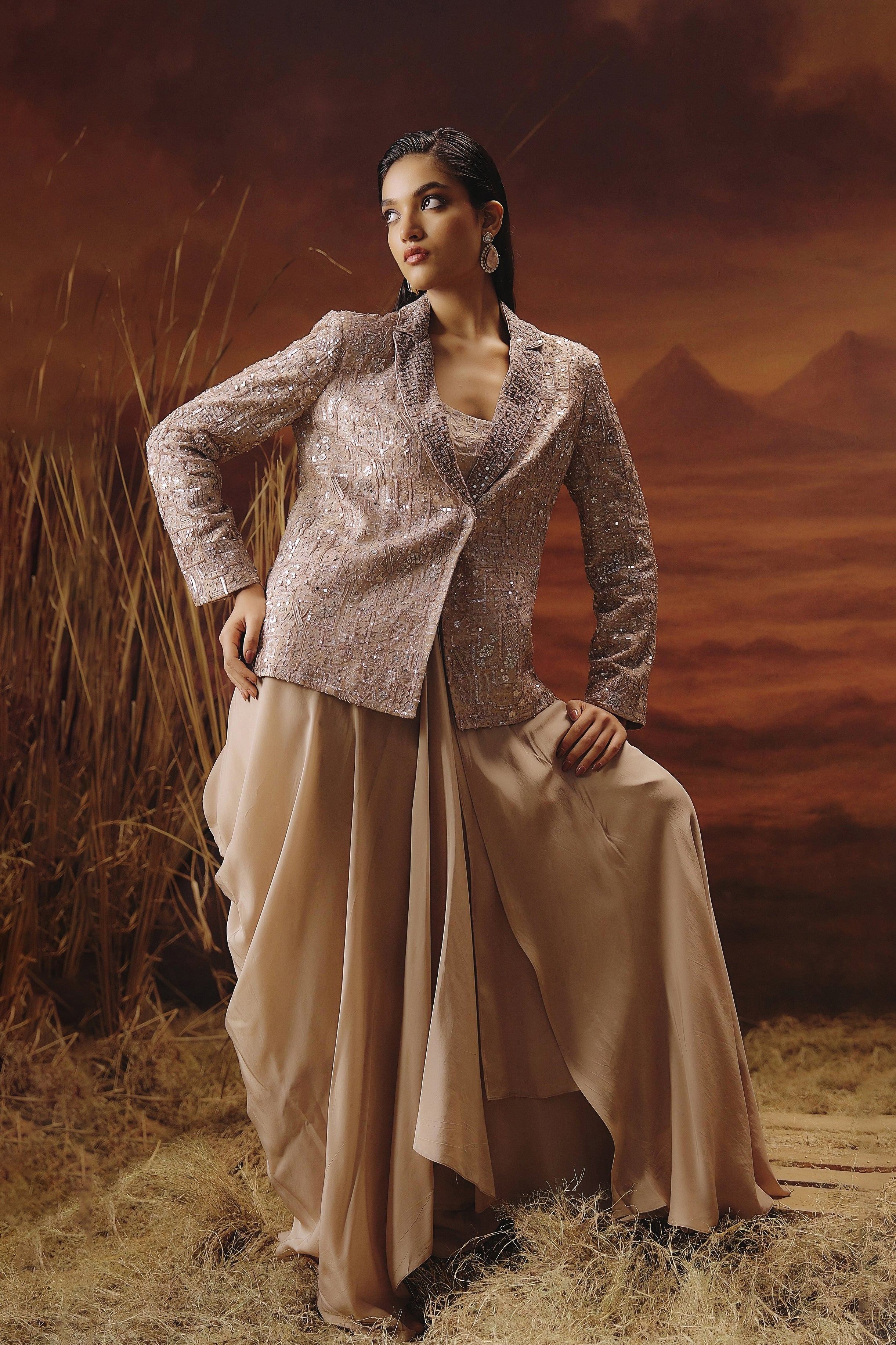 Sand Beige Embellished Crepe Silk Jacket Style Skirt Set