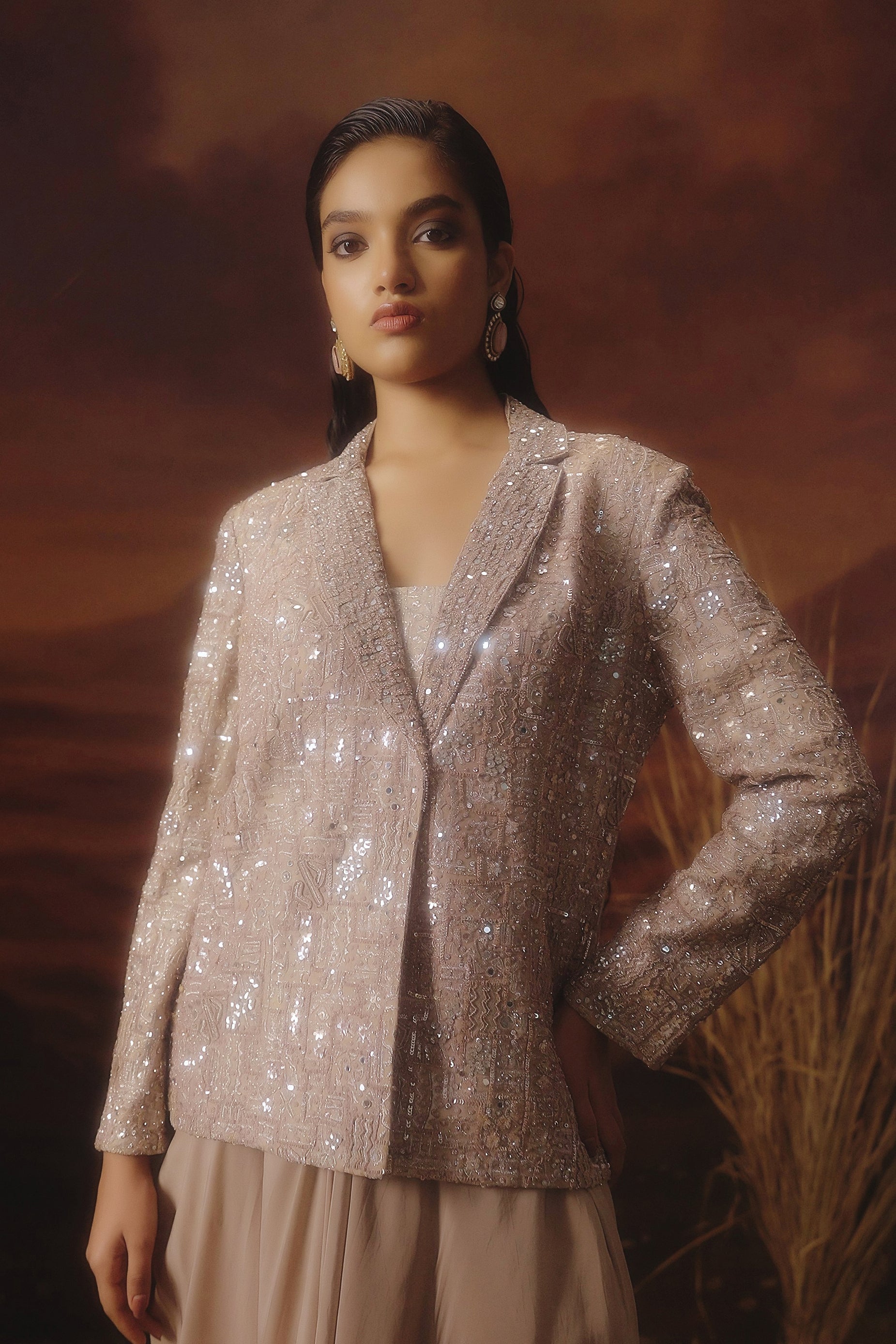 Sand Beige Embellished Crepe Silk Jacket Style Skirt Set