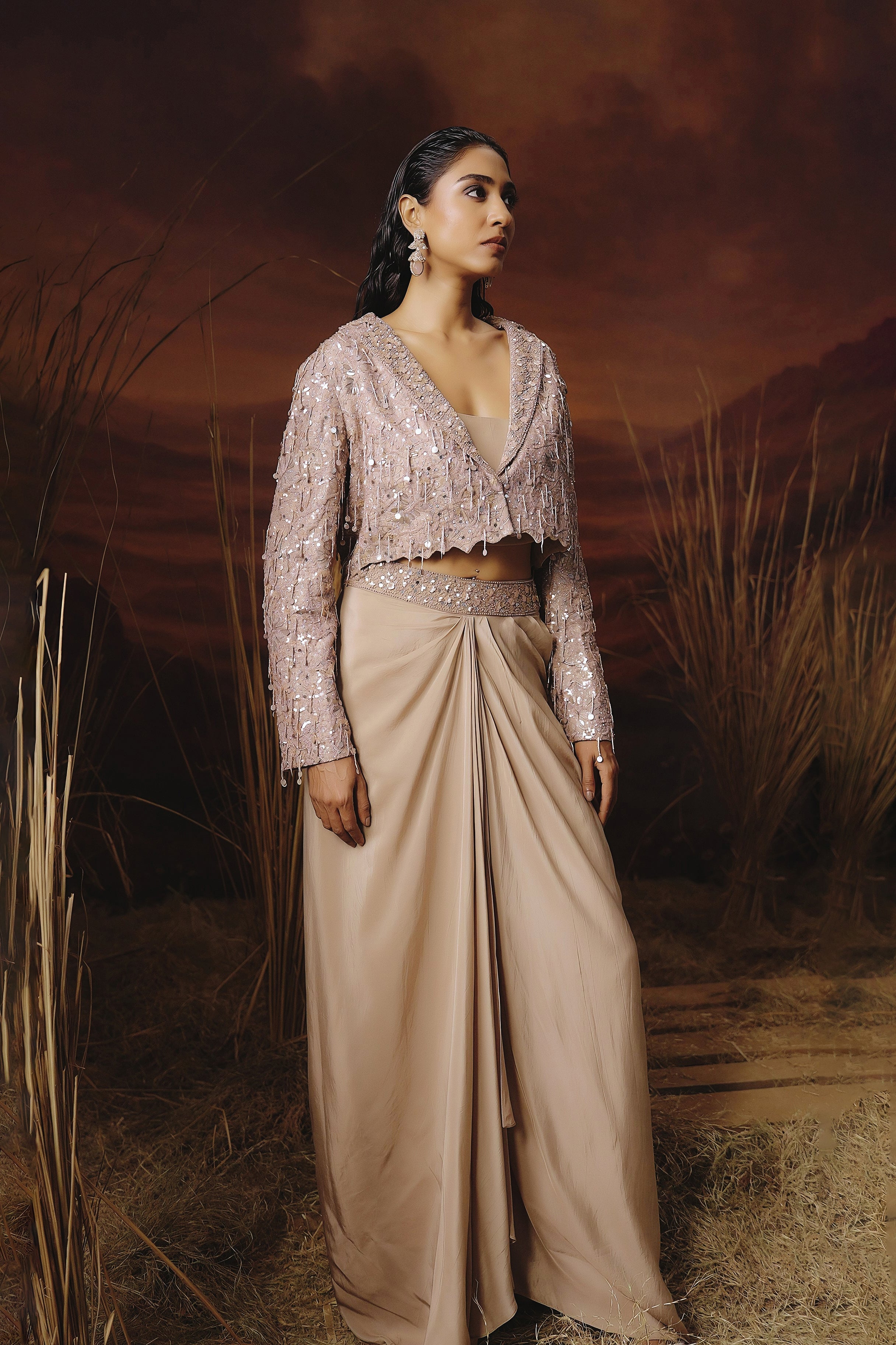 Light Beige Embellished Satin Silk Drape Skirt With Jacket