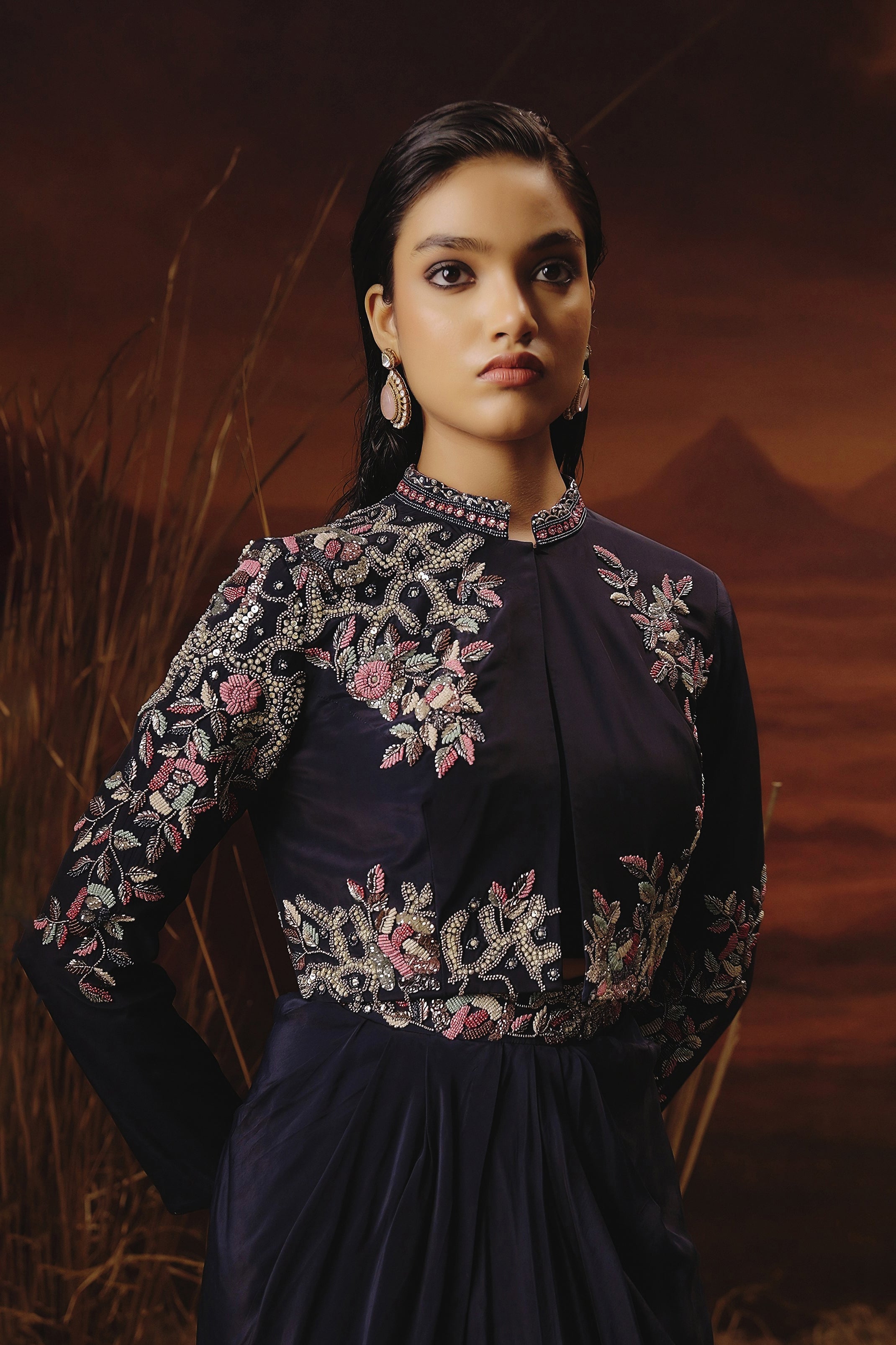 Deep Blue Embellished Satin Silk Drape Skirt With Jacket Set
