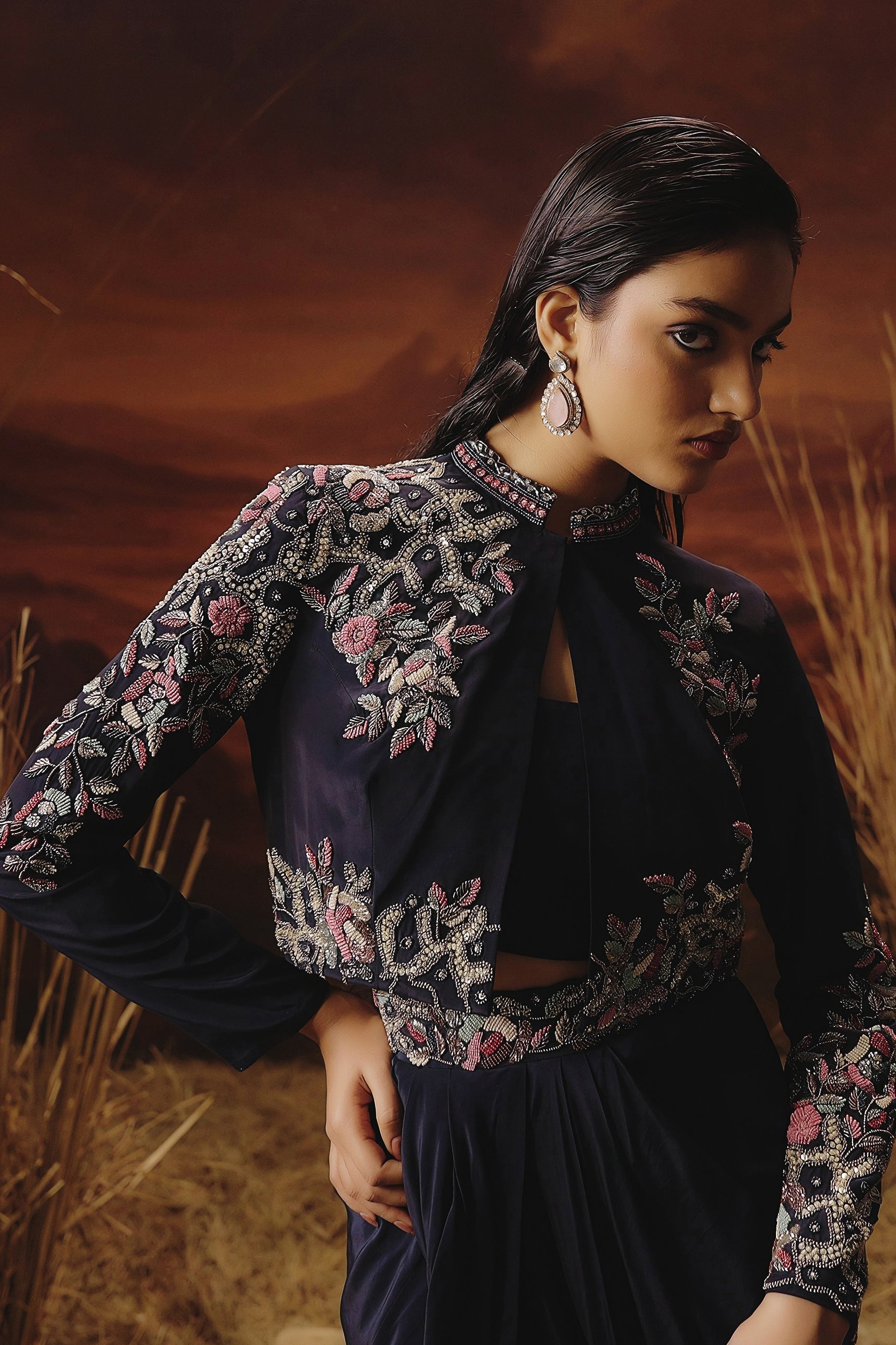 Deep Blue Embellished Satin Silk Drape Skirt With Jacket Set