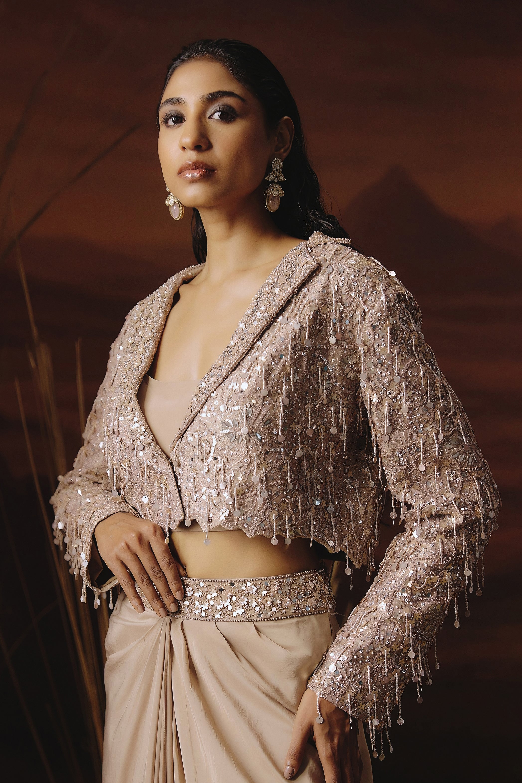 Light Beige Embellished Satin Silk Drape Skirt With Jacket