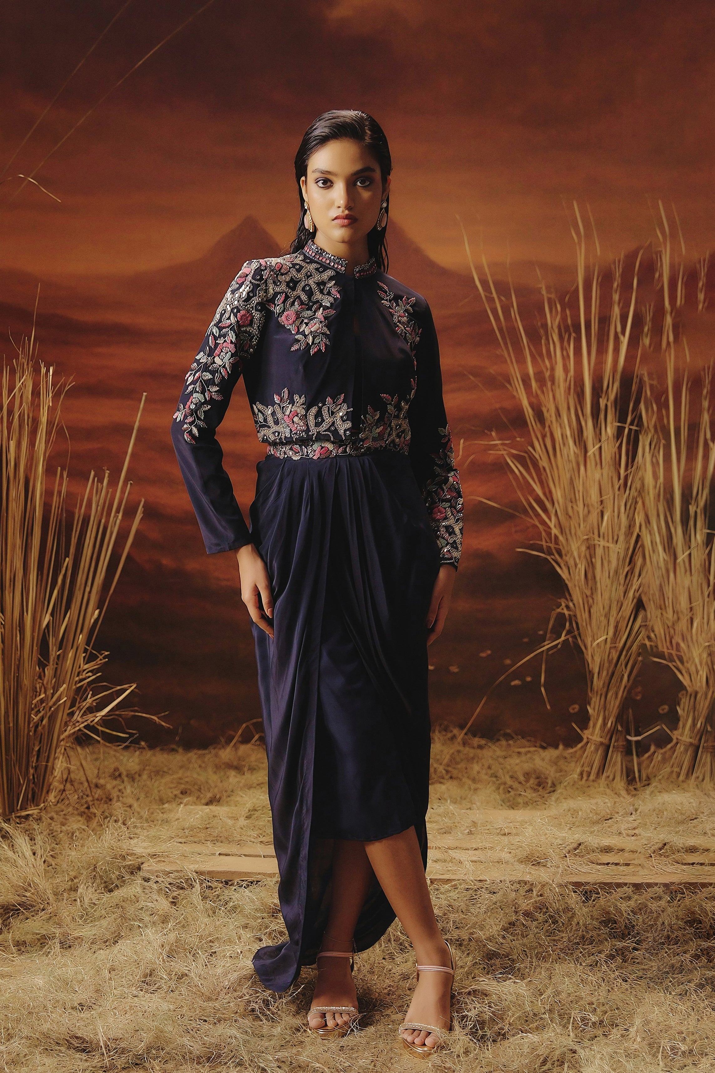 Deep Blue Embellished Satin Silk Drape Skirt With Jacket Set