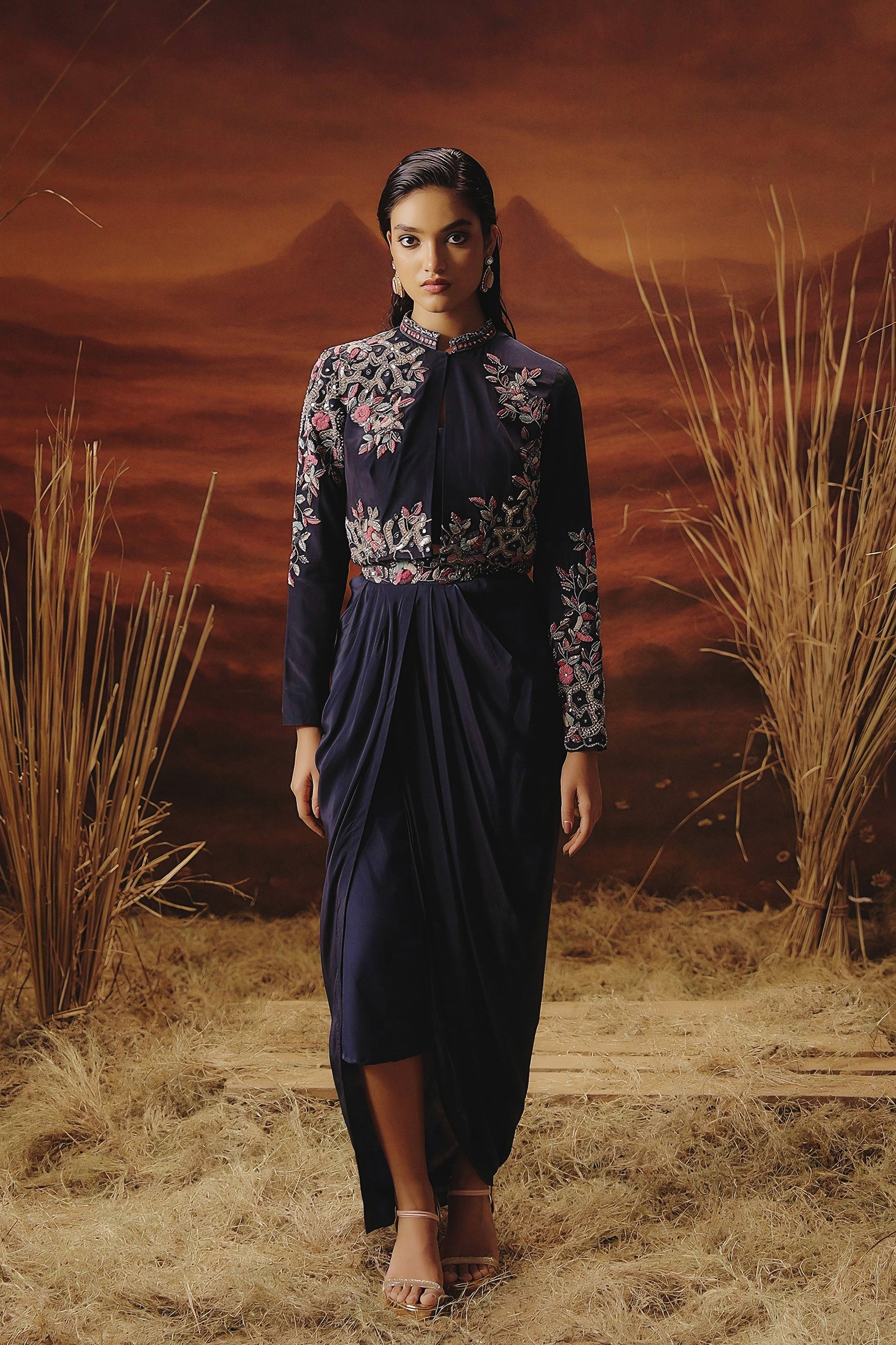 Deep Blue Embellished Satin Silk Drape Skirt With Jacket Set