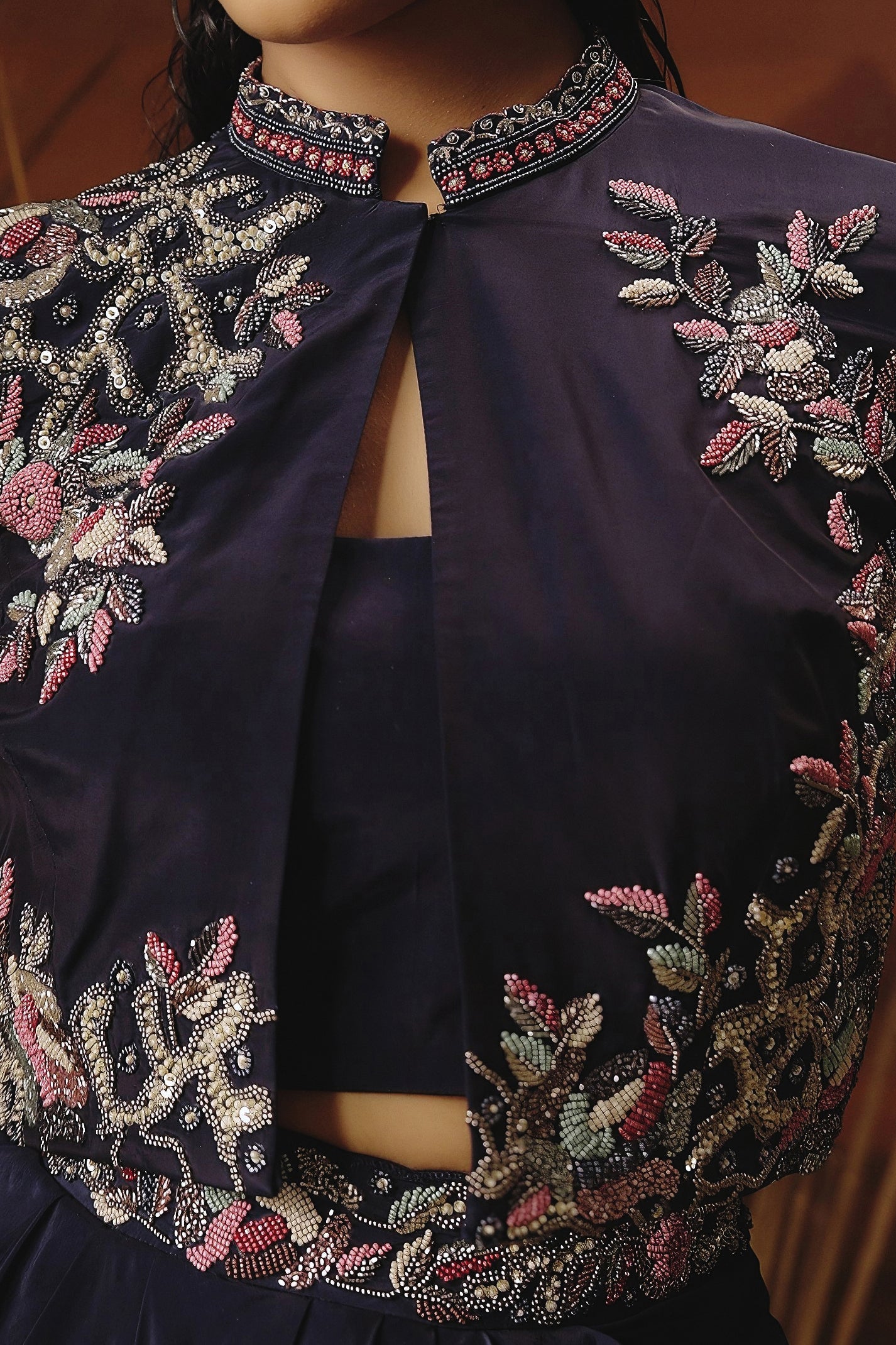 Deep Blue Embellished Satin Silk Drape Skirt With Jacket Set