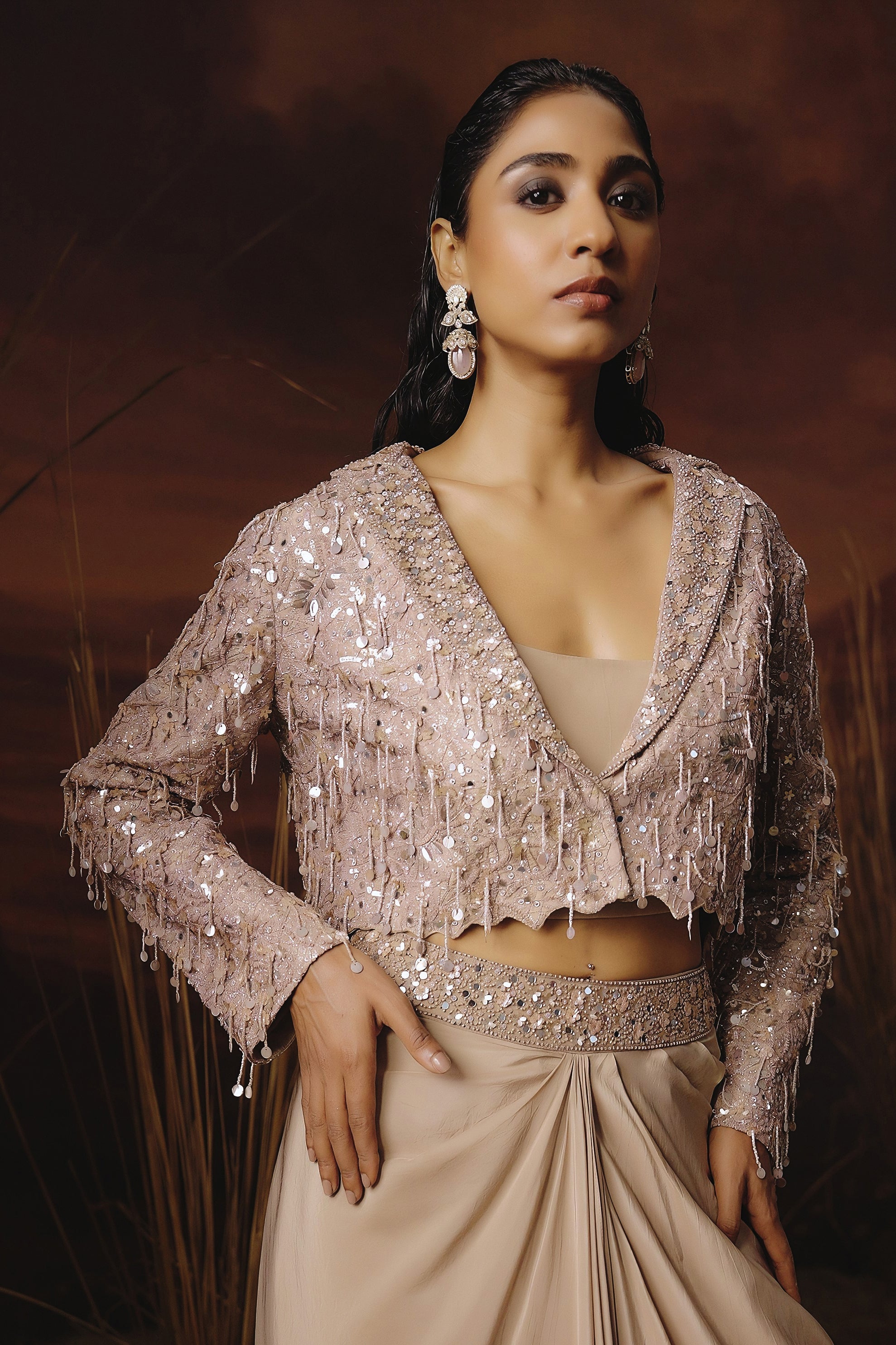 Light Beige Embellished Satin Silk Drape Skirt With Jacket