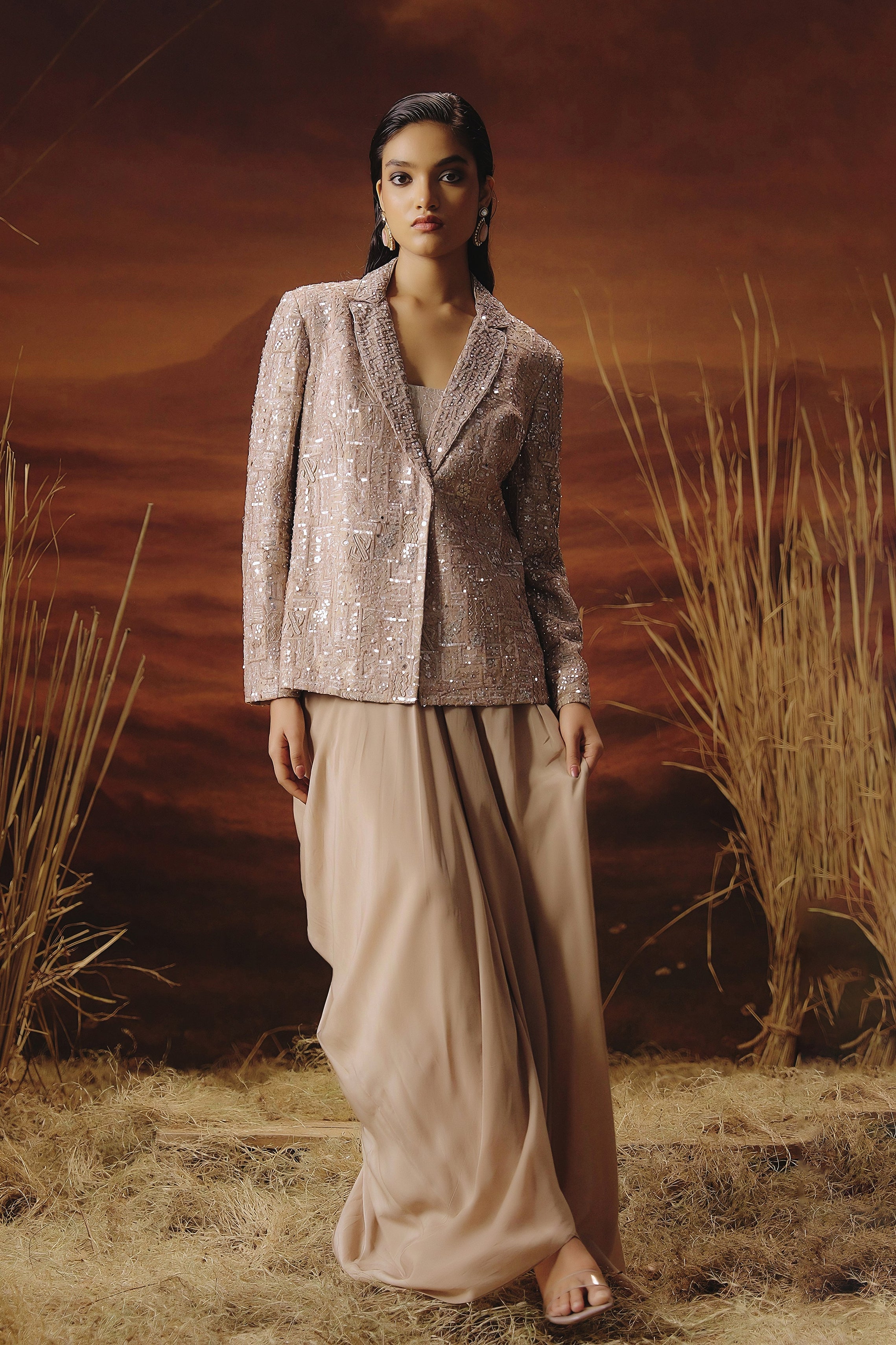 Sand Beige Embellished Crepe Silk Jacket Style Skirt Set