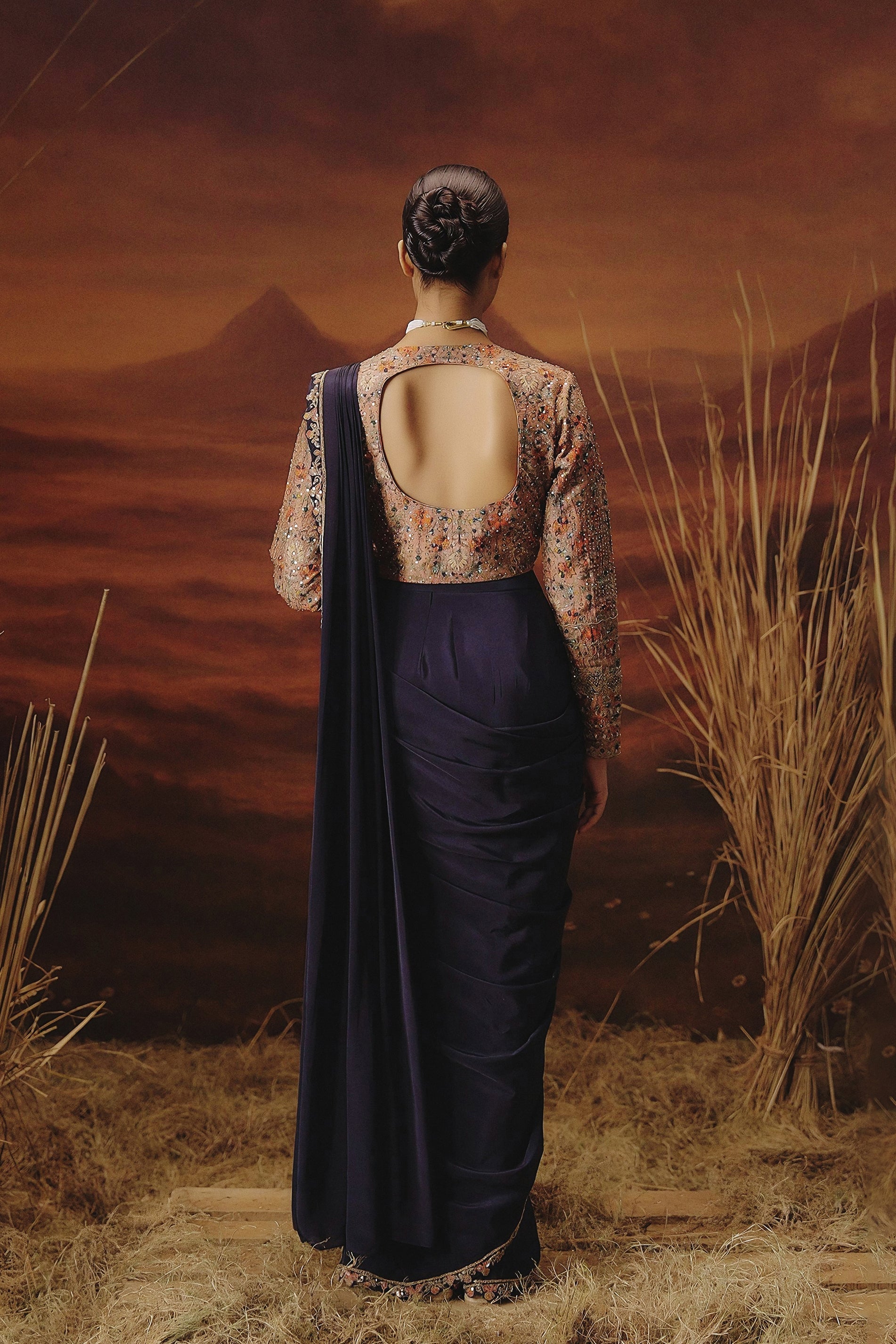 Indigo Blue Embellished Satin Silk Drape Saree