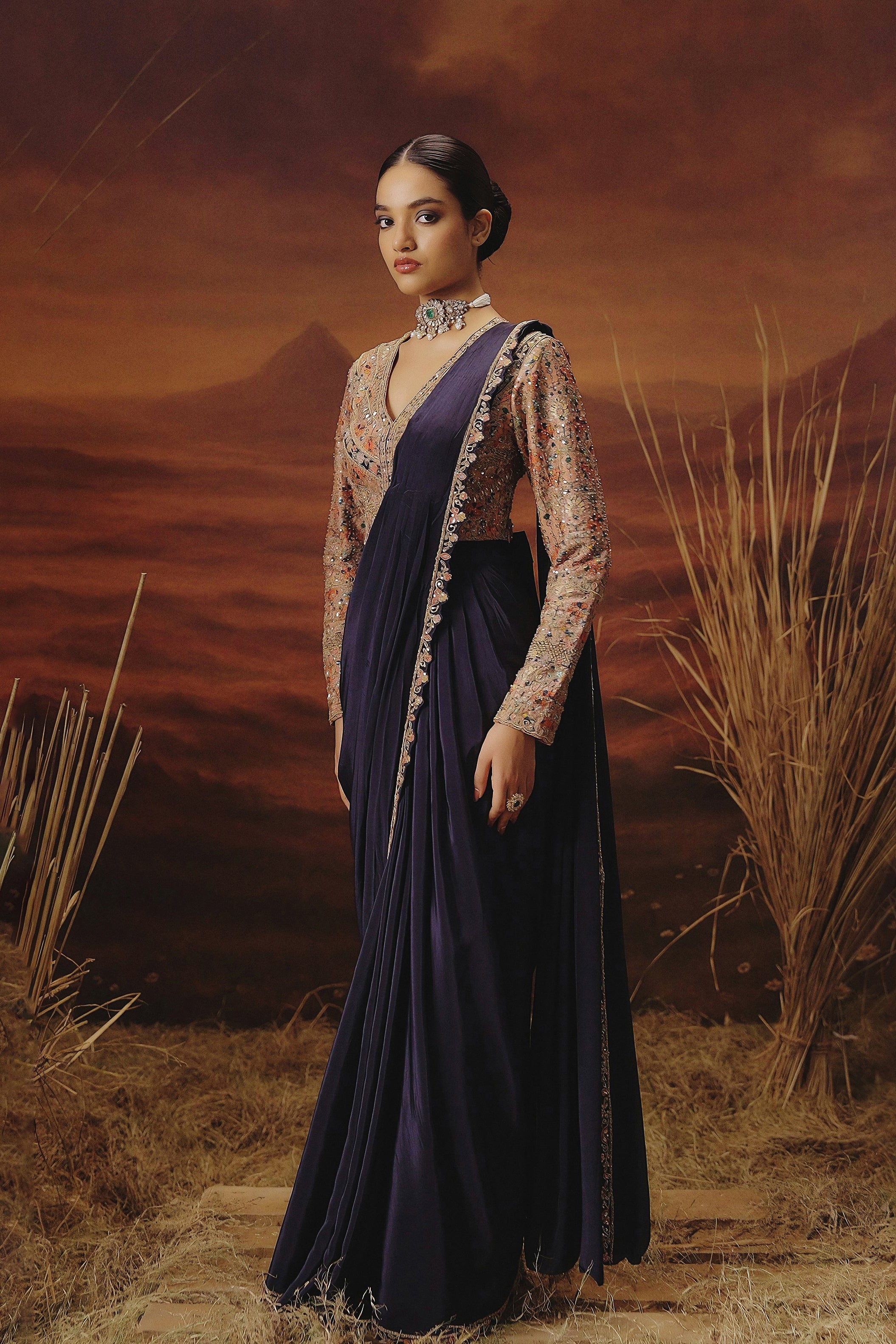 Indigo Blue Embellished Satin Silk Drape Saree
