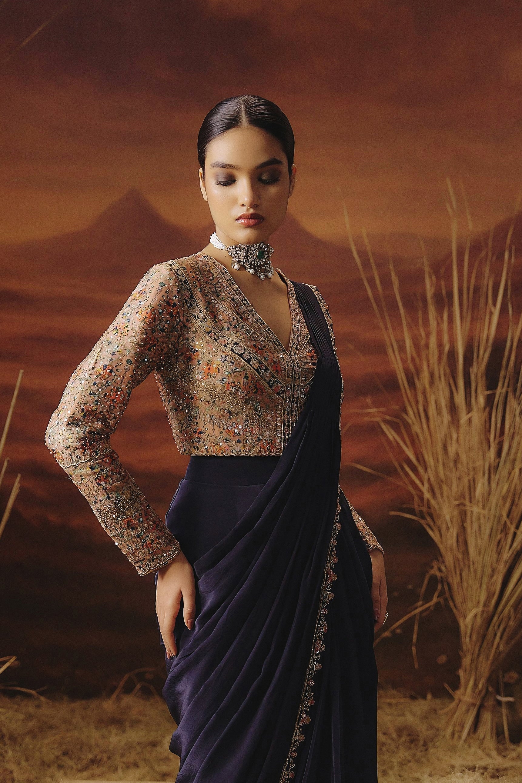 Indigo Blue Embellished Satin Silk Drape Saree