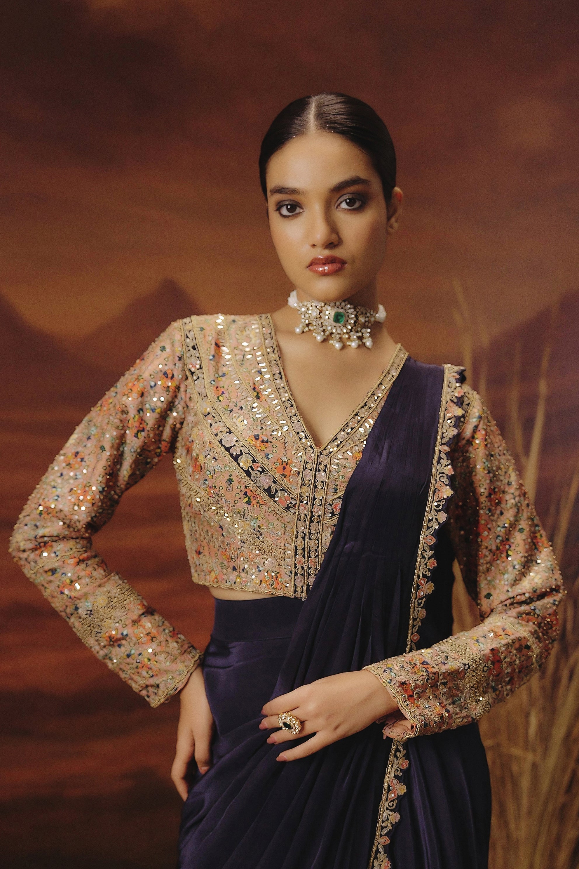 Indigo Blue Embellished Satin Silk Drape Saree