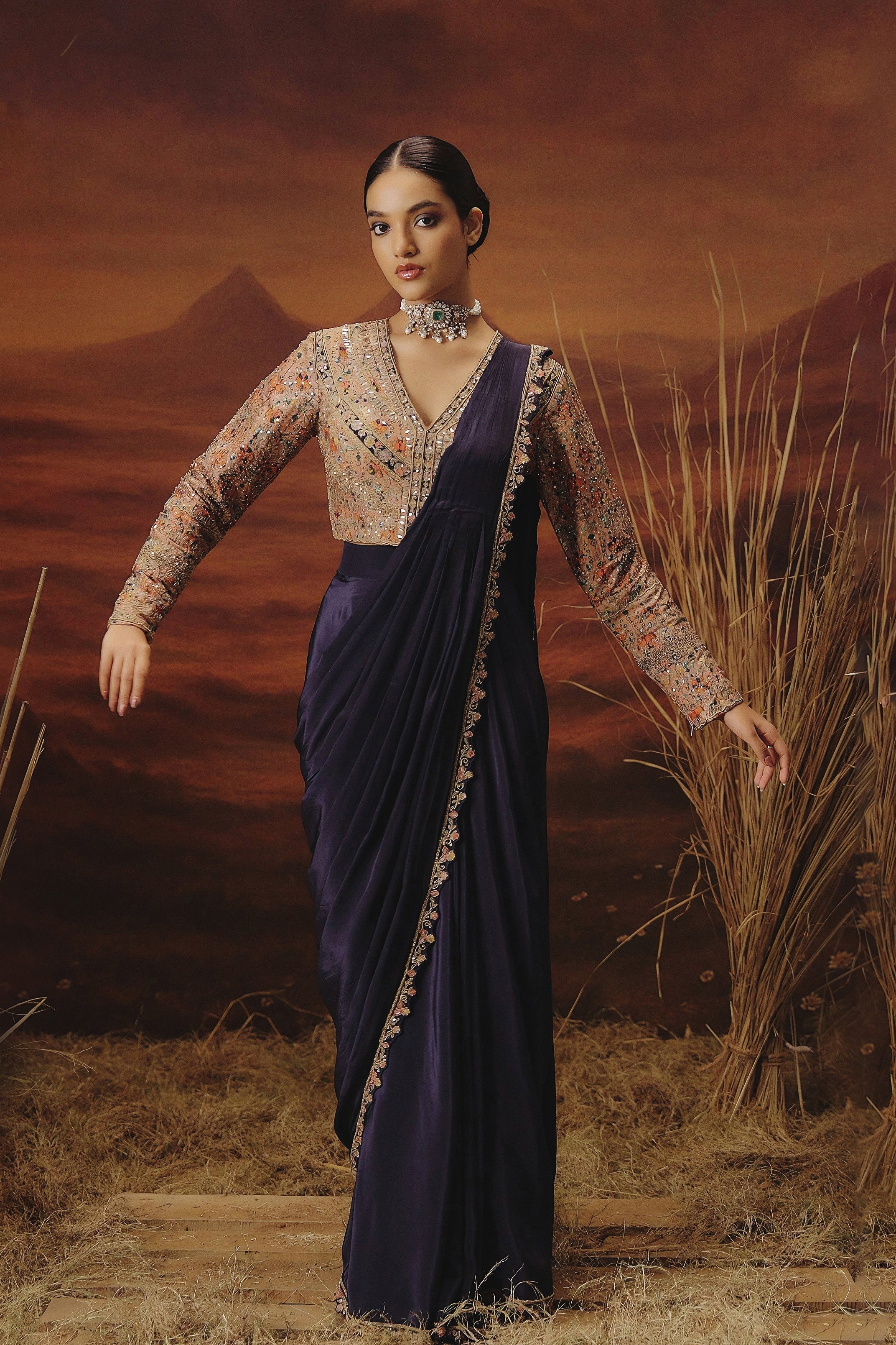 Indigo Blue Embellished Satin Silk Drape Saree