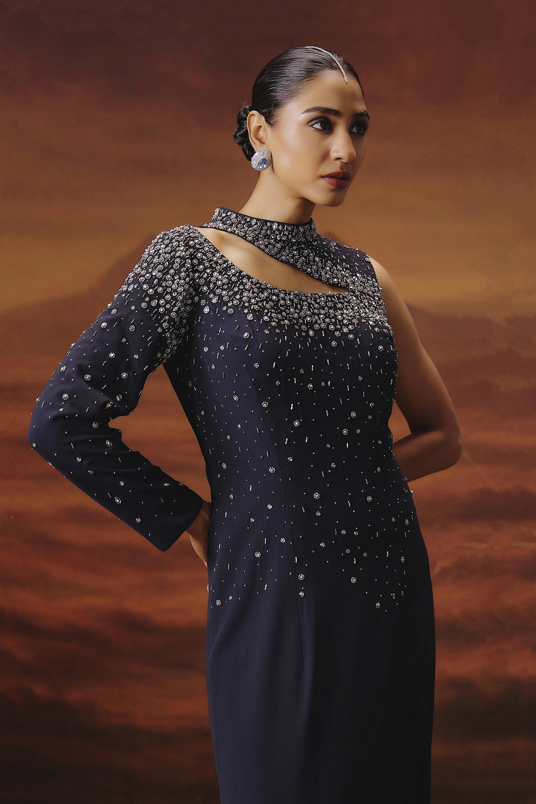 Deep Navy Blue Embellished Georgette Silk Gown