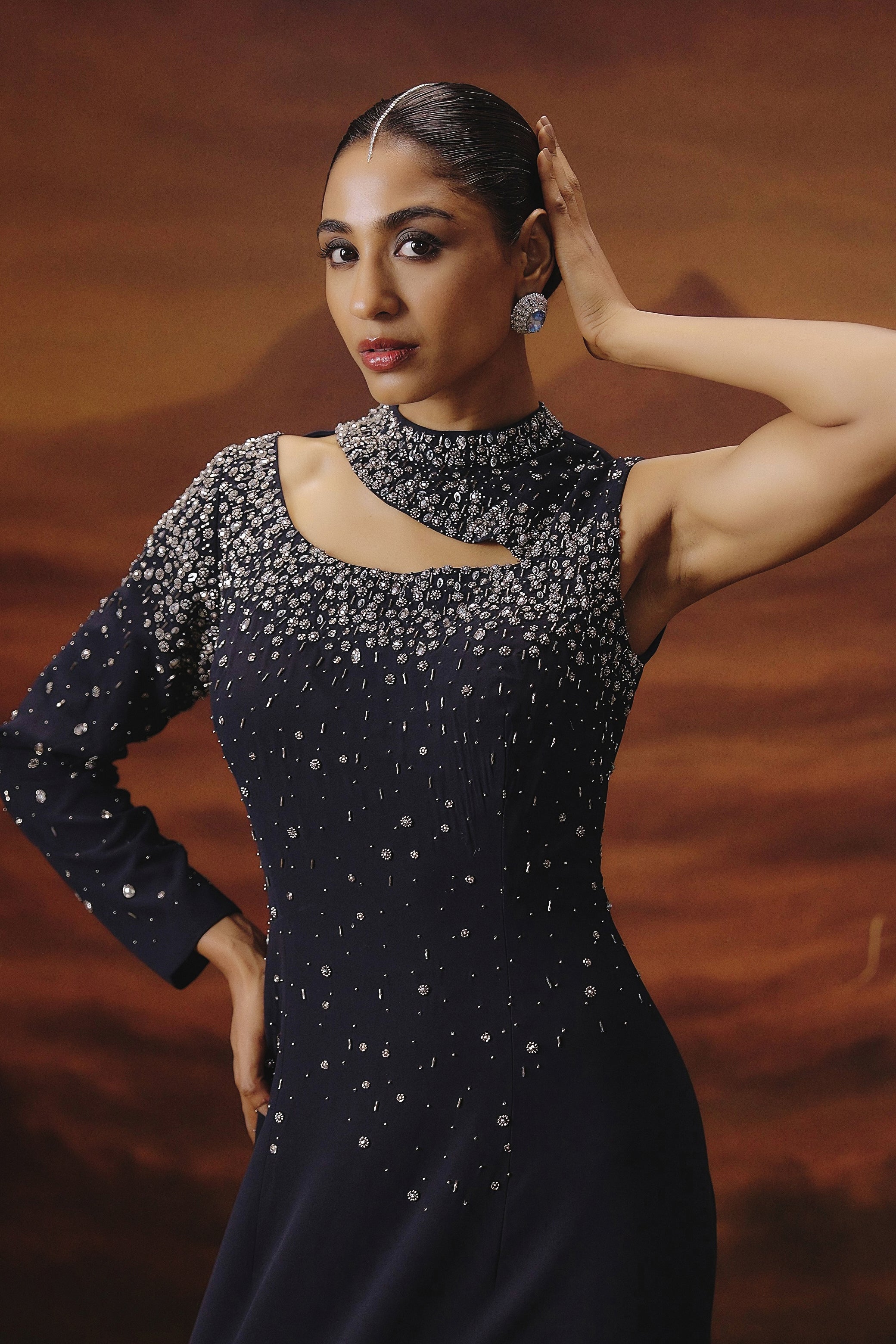 Deep Navy Blue Embellished Georgette Silk Gown
