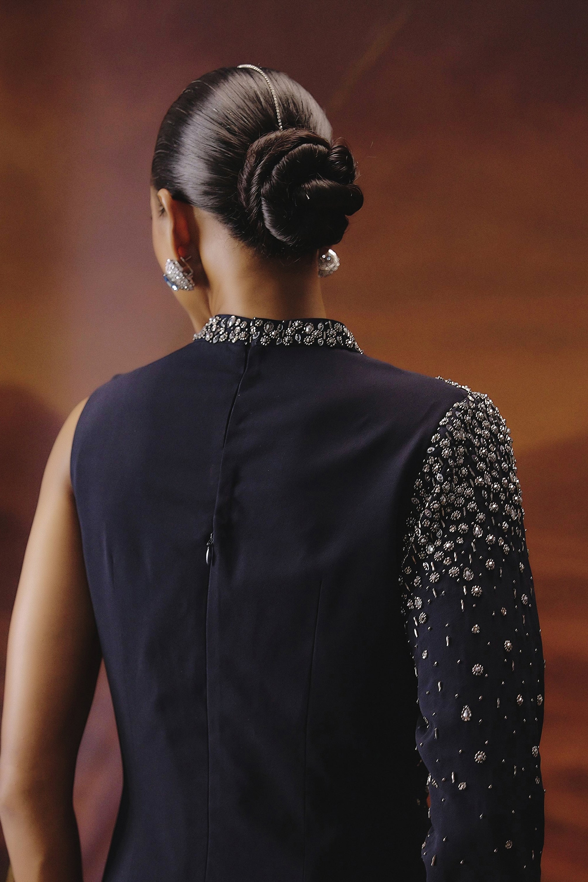 Deep Navy Blue Embellished Georgette Silk Gown