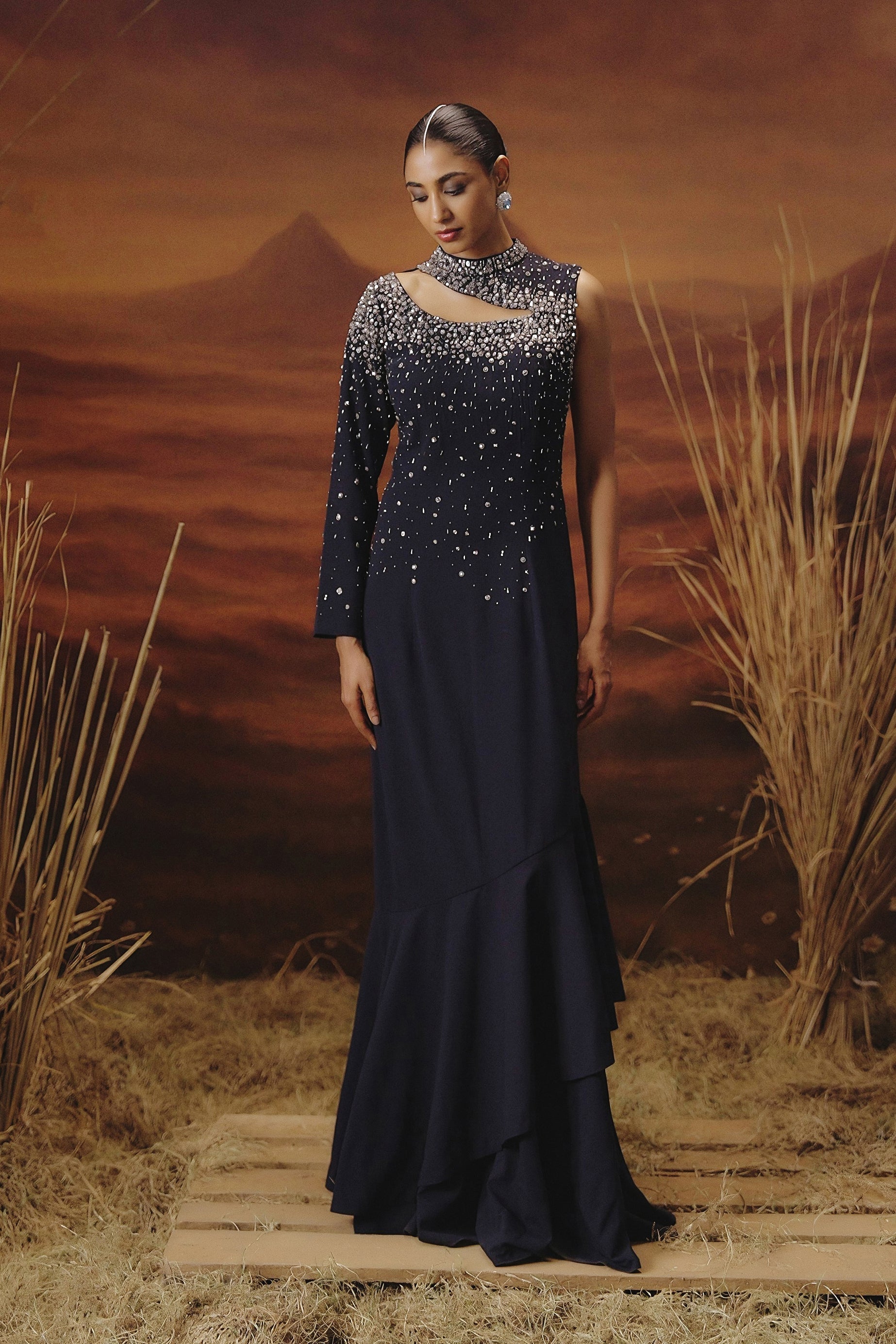 Deep Navy Blue Embellished Georgette Silk Gown