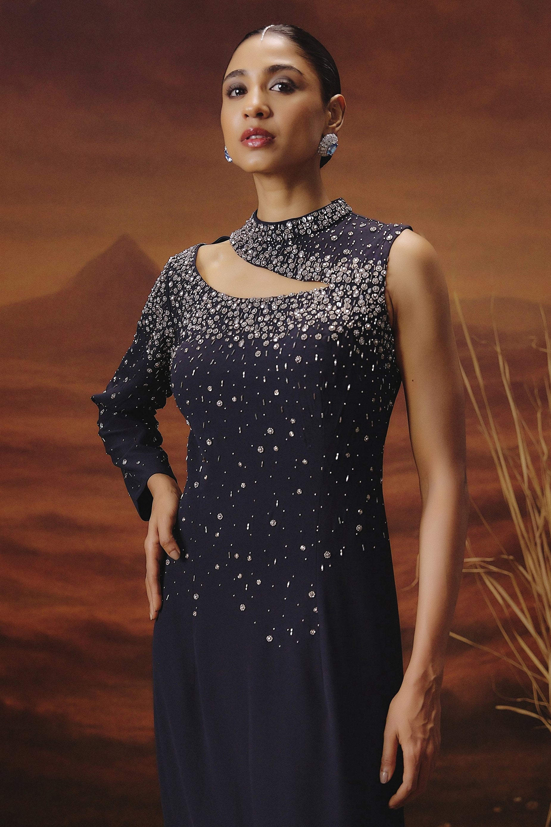 Deep Navy Blue Embellished Georgette Silk Gown