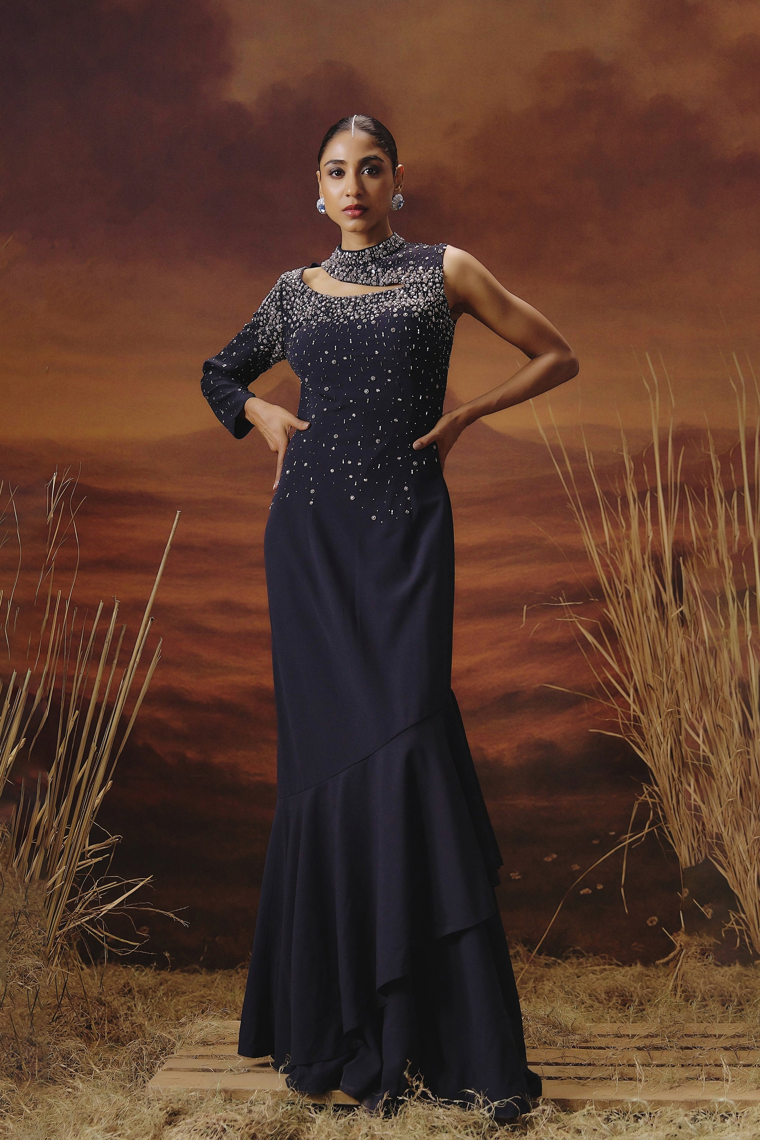 Deep Navy Blue Embellished Georgette Silk Gown