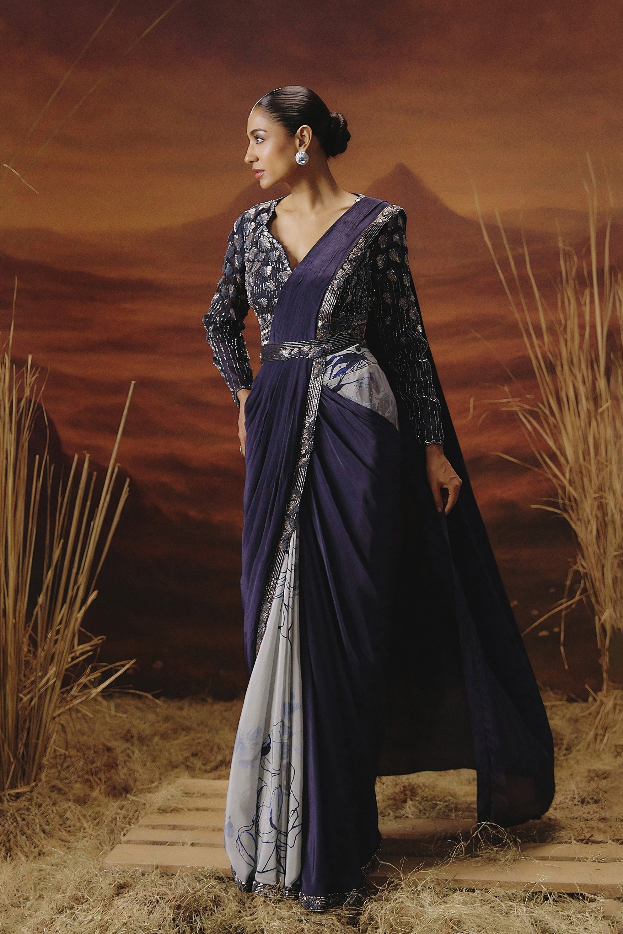 Deep Purple Embellished Satin Silk Drape Saree