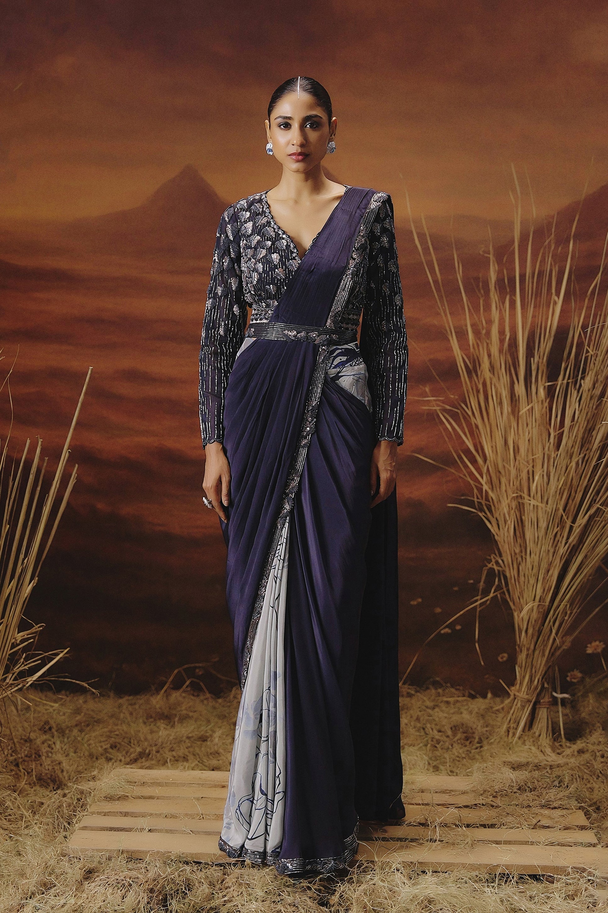Deep Purple Embellished Satin Silk Drape Saree
