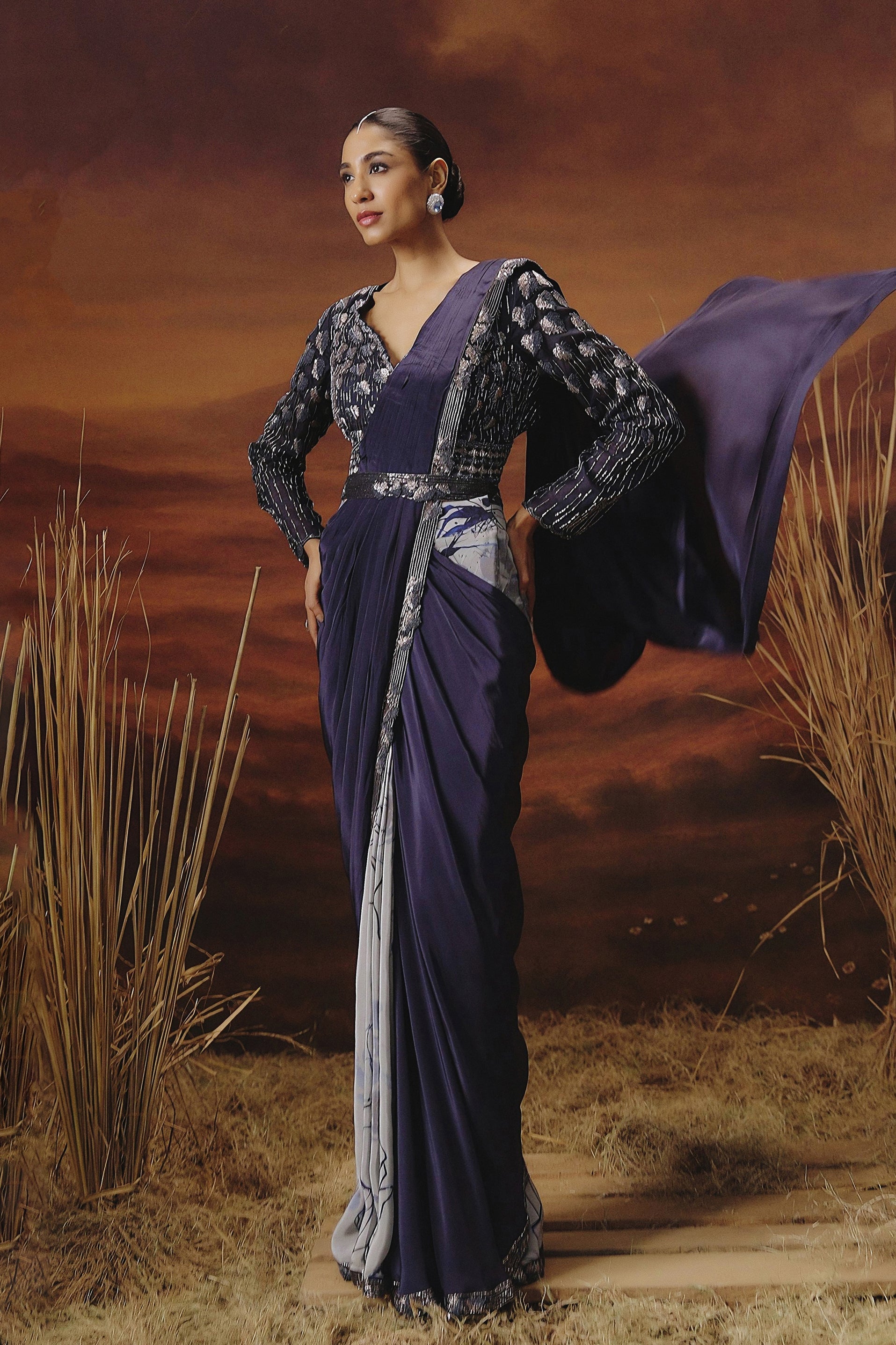 Deep Purple Embellished Satin Silk Drape Saree