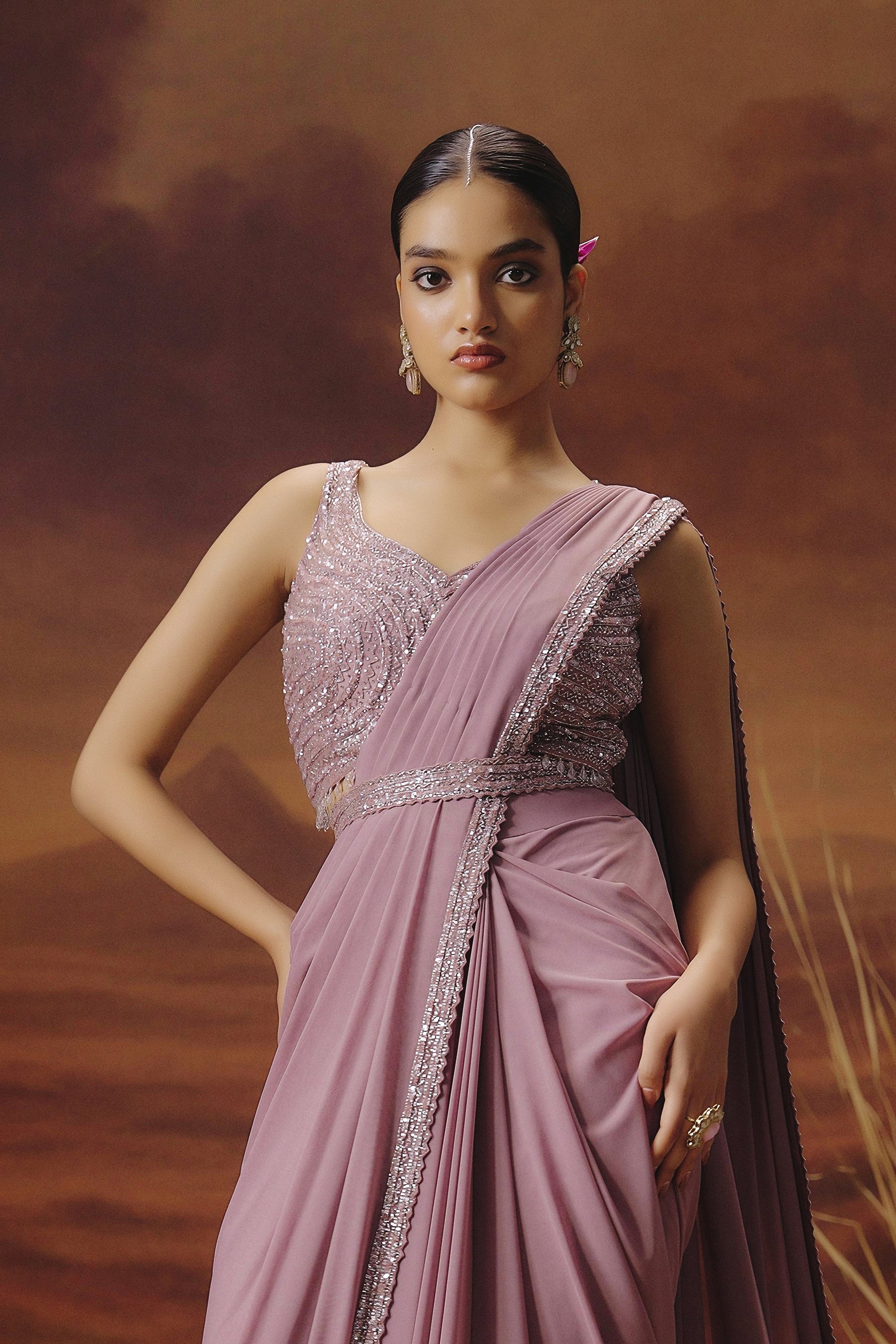 Mauve Pink Embellished Spandex Lycra Drape Saree
