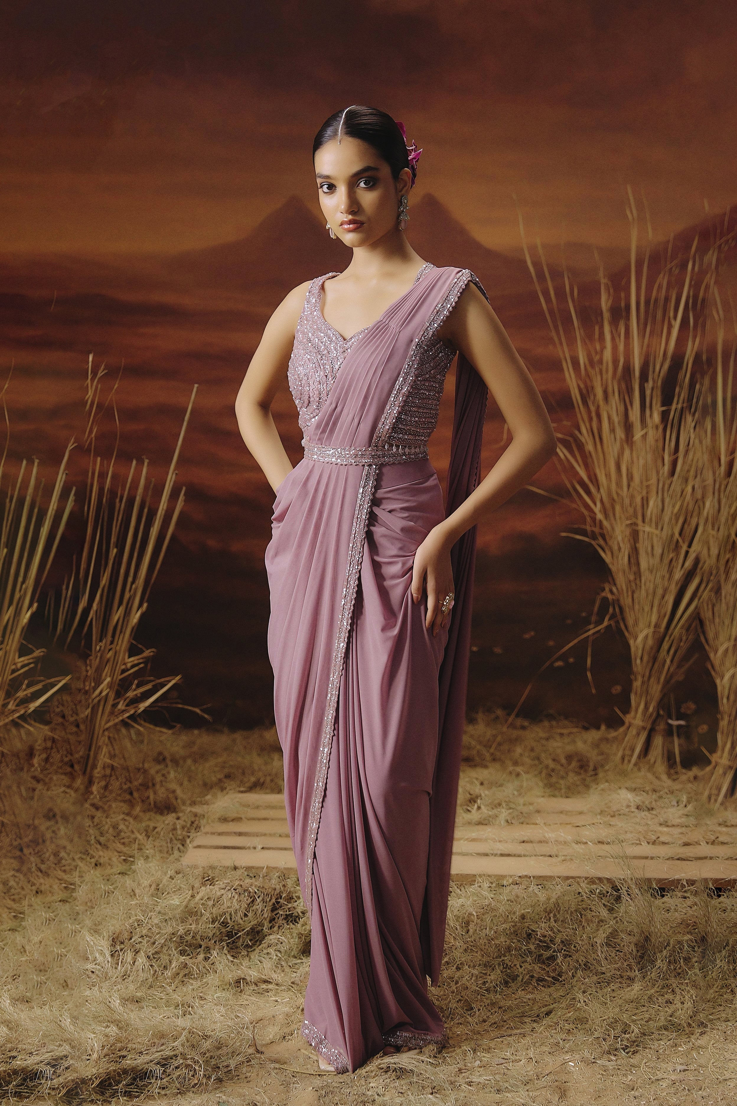 Mauve Pink Embellished Spandex Lycra Drape Saree