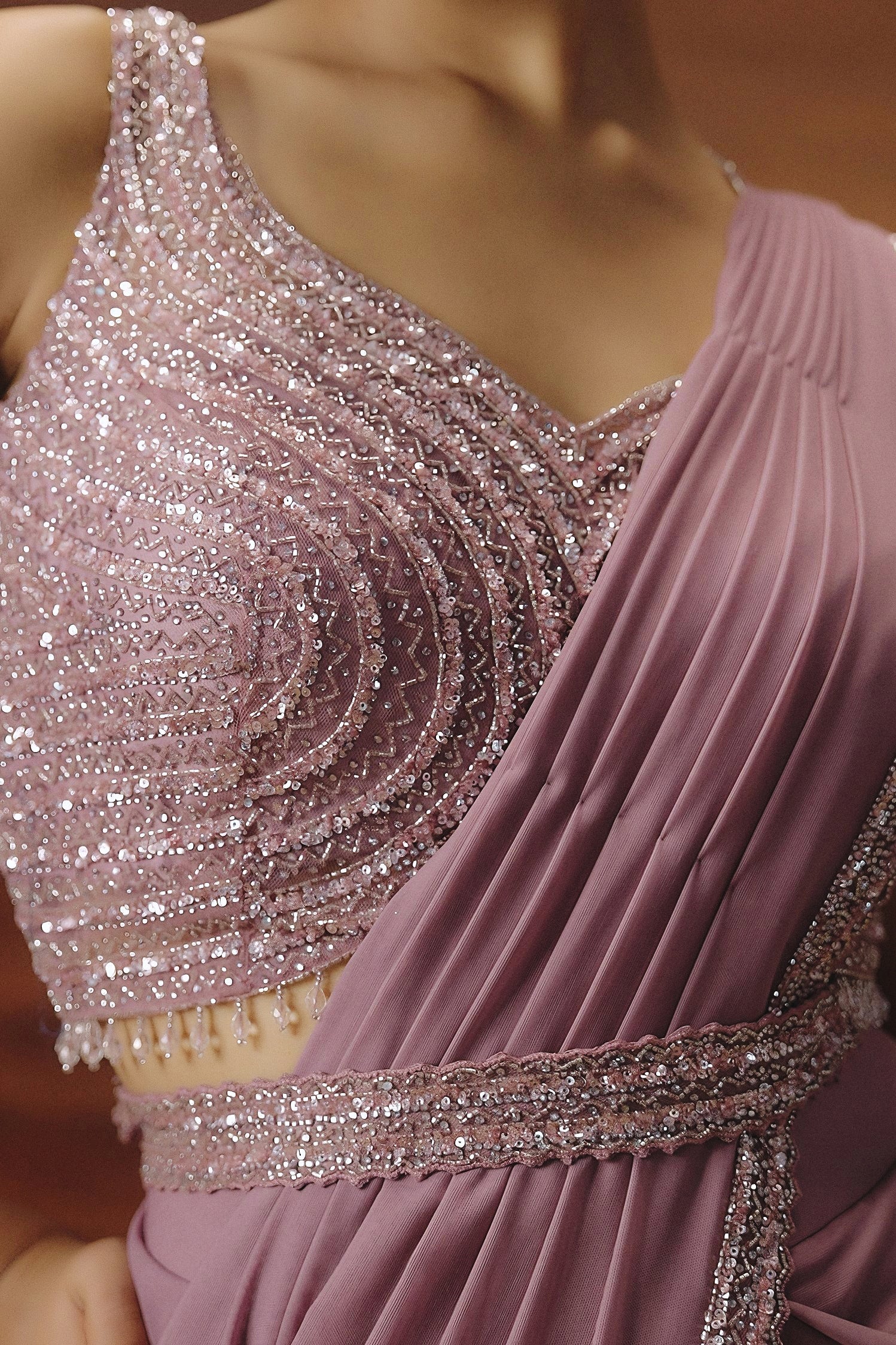 Mauve Pink Embellished Spandex Lycra Drape Saree