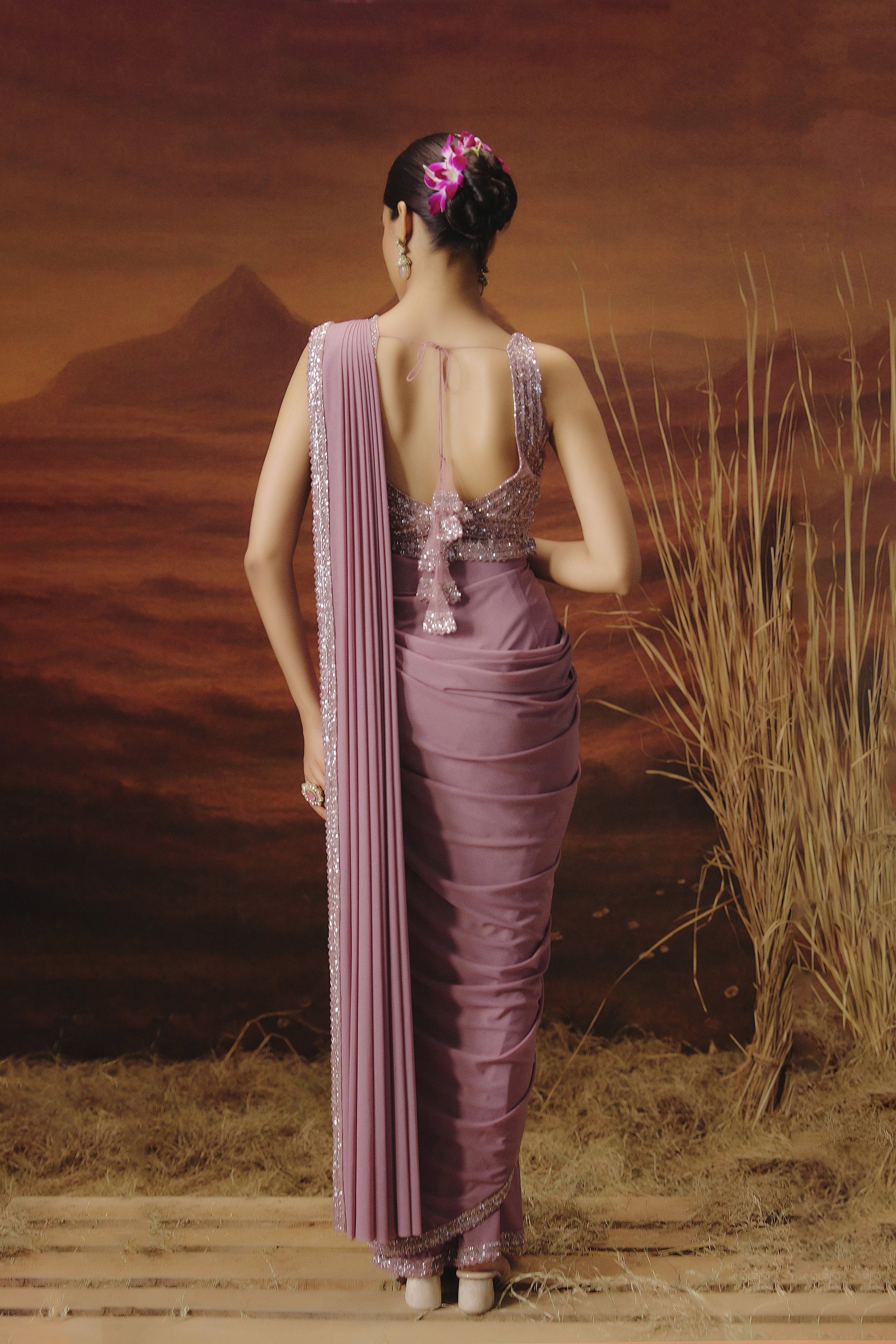 Mauve Pink Embellished Spandex Lycra Drape Saree