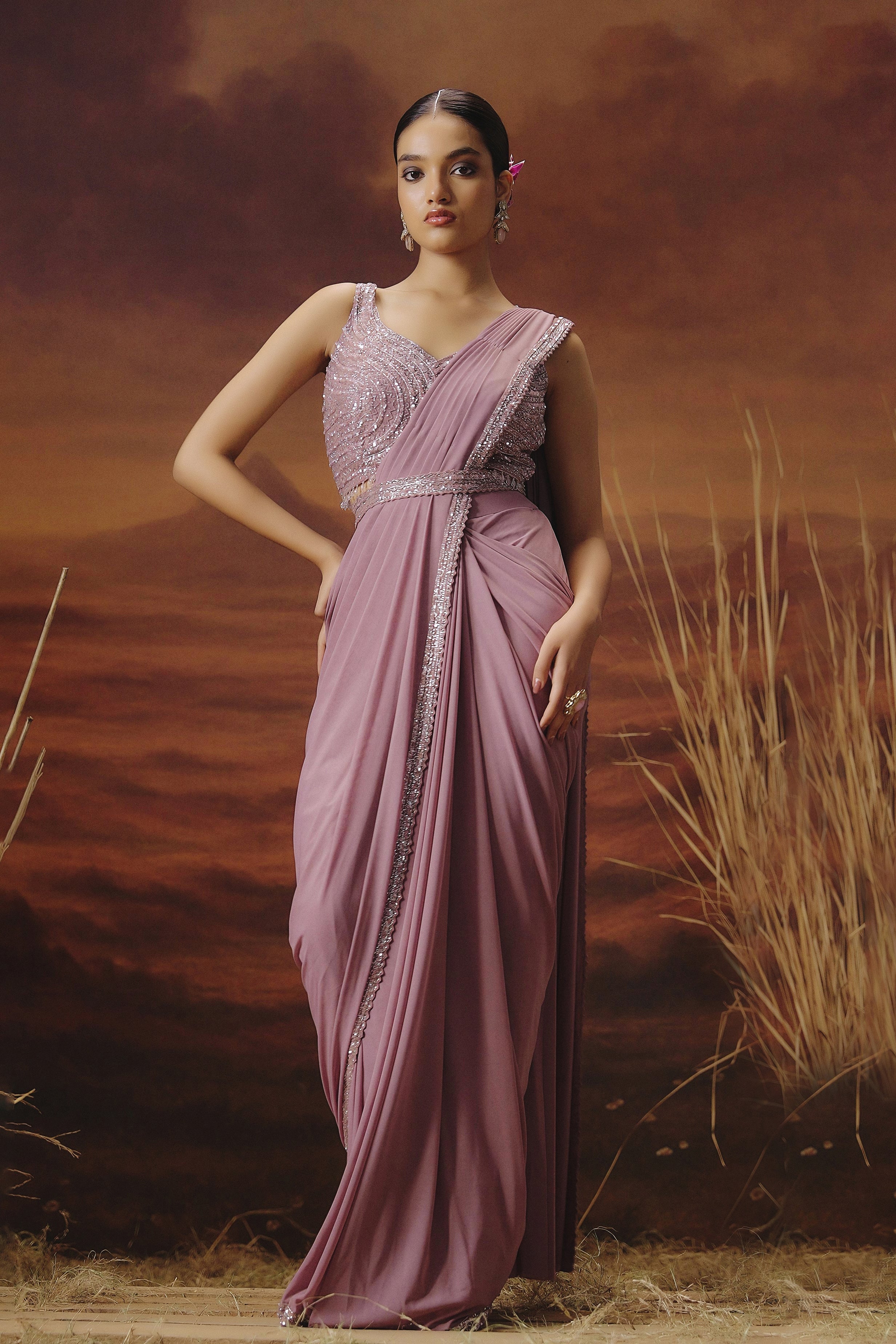 Mauve Pink Embellished Spandex Lycra Drape Saree