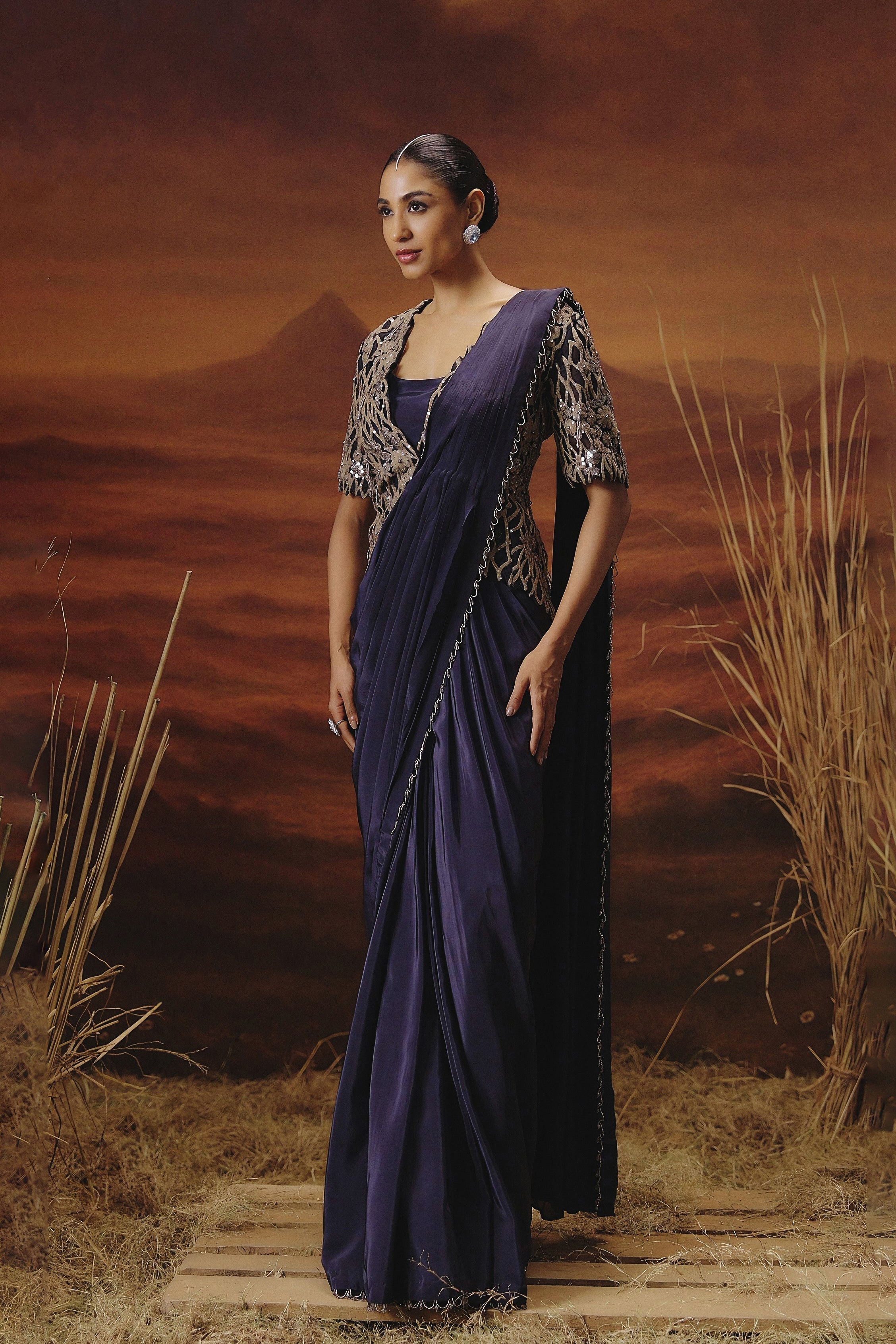 Imperial Blue Embellished Satin Silk Drape Saree