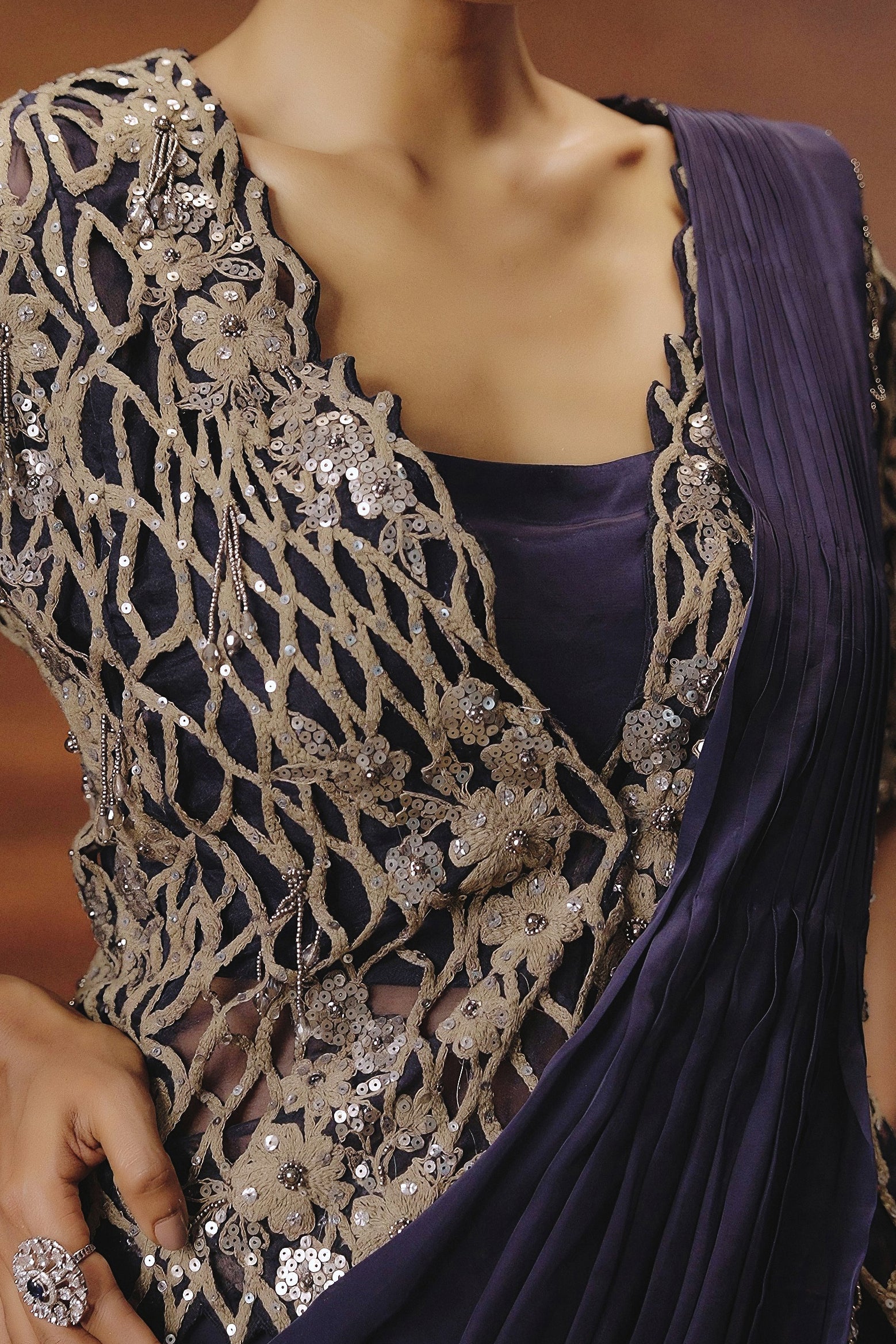 Imperial Blue Embellished Satin Silk Drape Saree