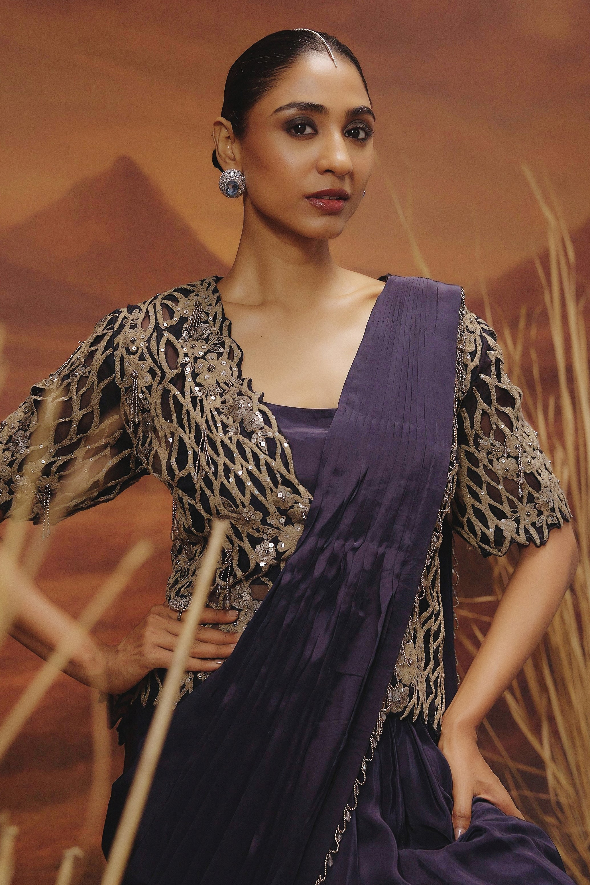 Imperial Blue Embellished Satin Silk Drape Saree
