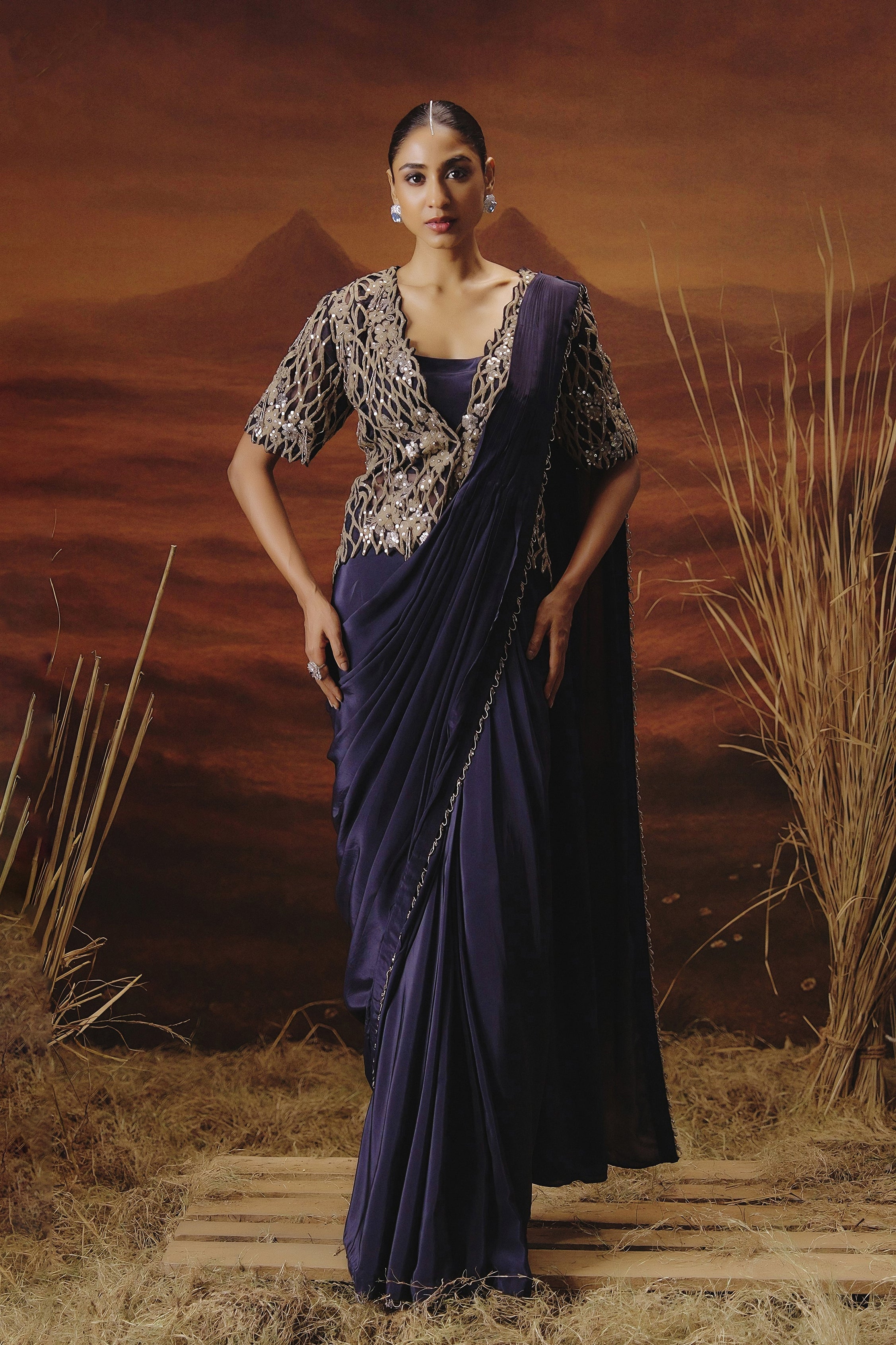 Imperial Blue Embellished Satin Silk Drape Saree