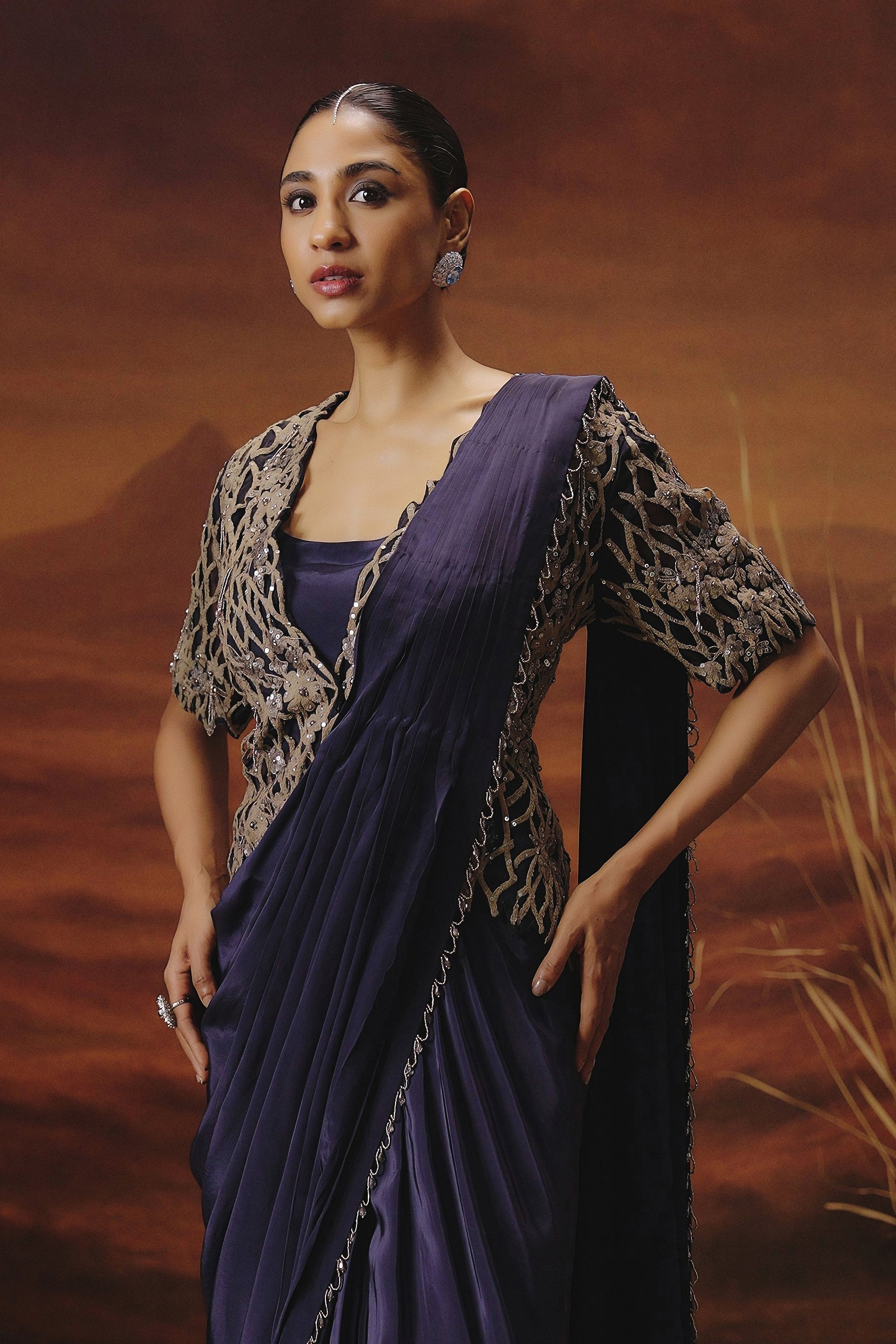 Imperial Blue Embellished Satin Silk Drape Saree