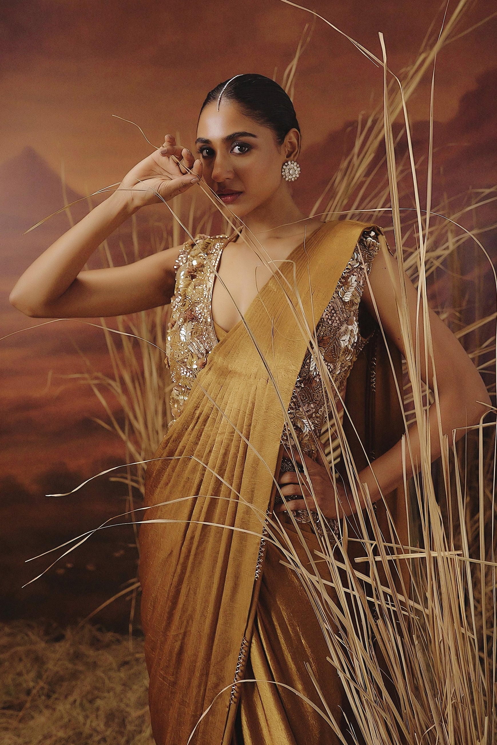 Metallic Golden Embellished Tissue Silk Drape Saree