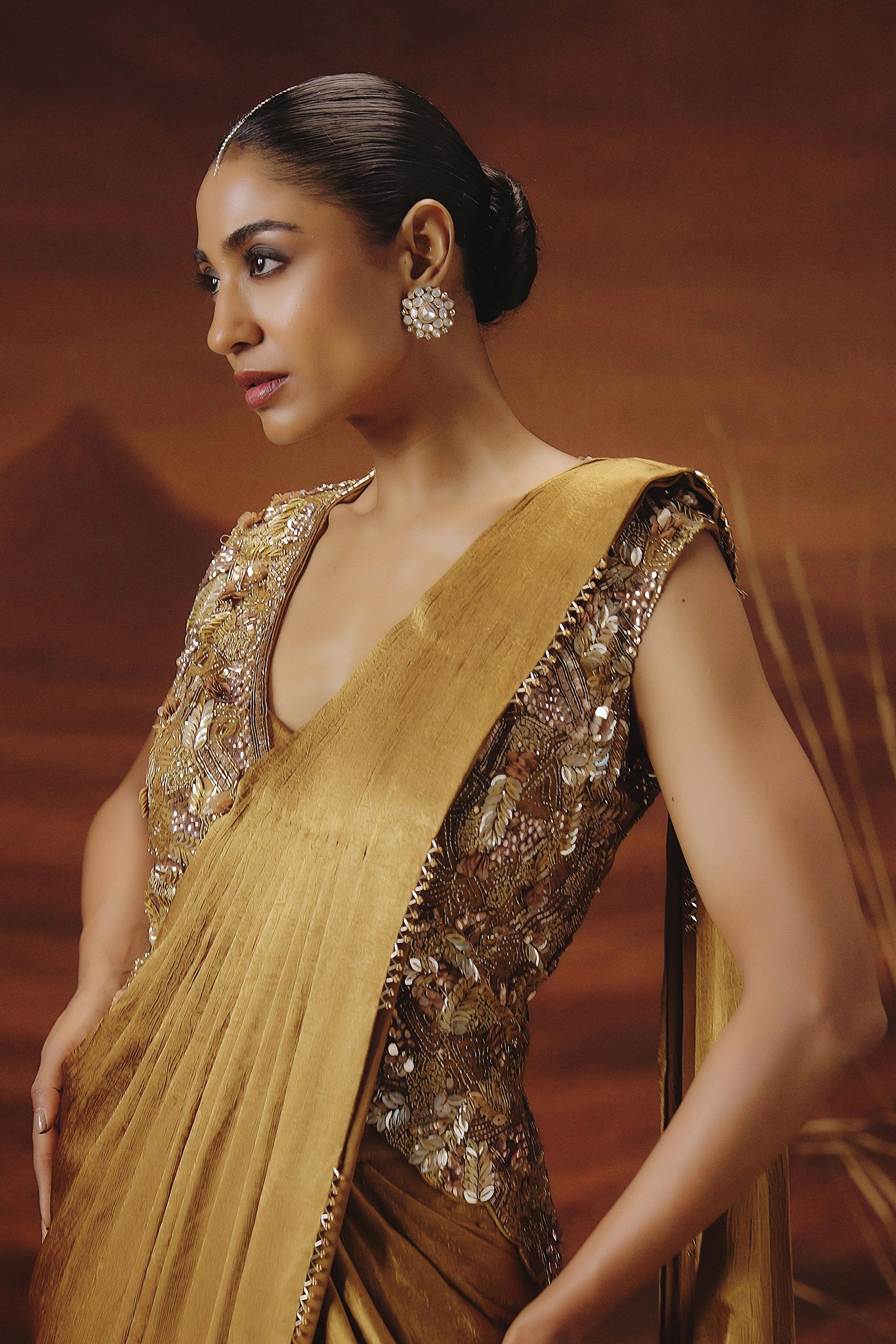 Metallic Golden Embellished Tissue Silk Drape Saree