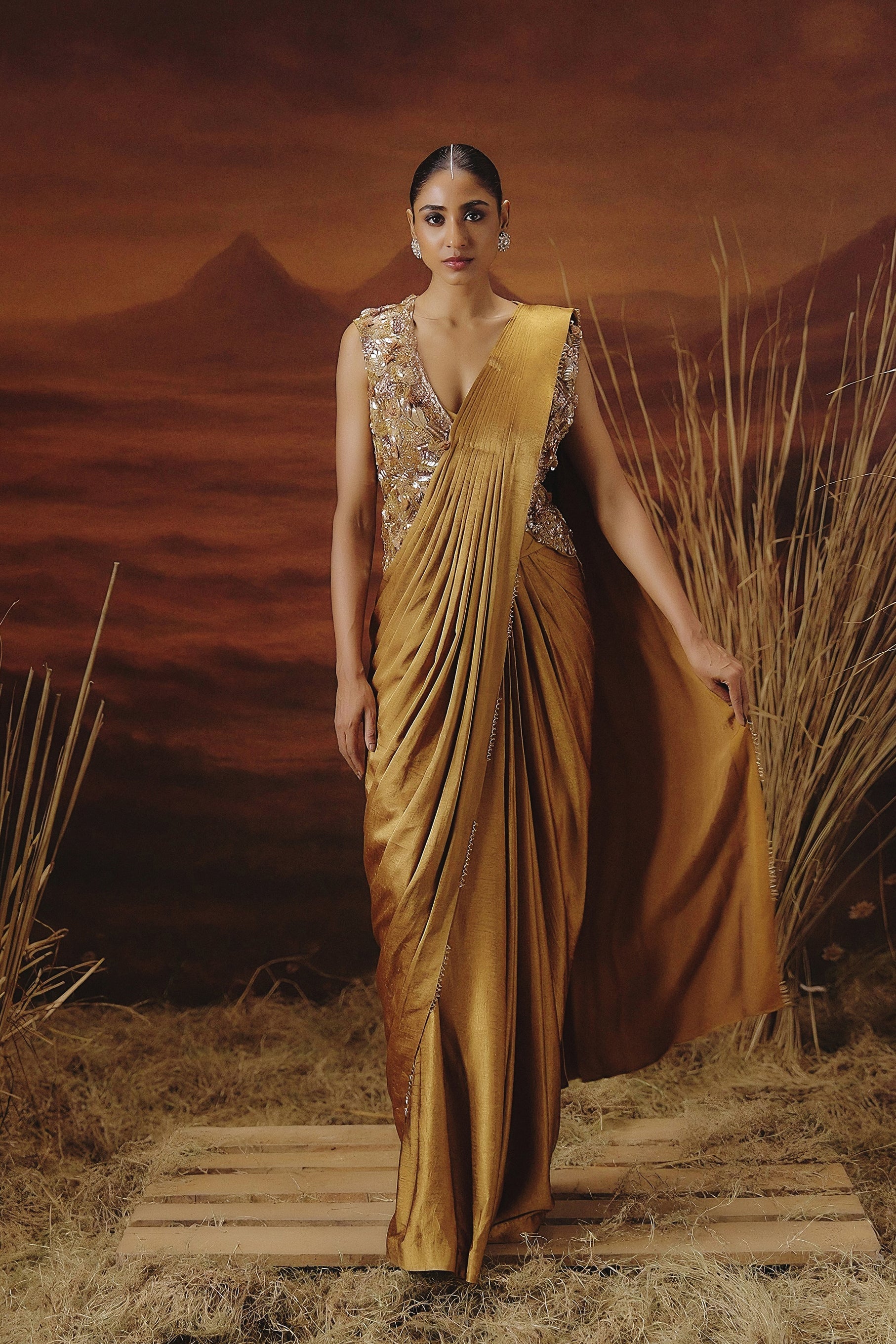 Metallic Golden Embellished Tissue Silk Drape Saree