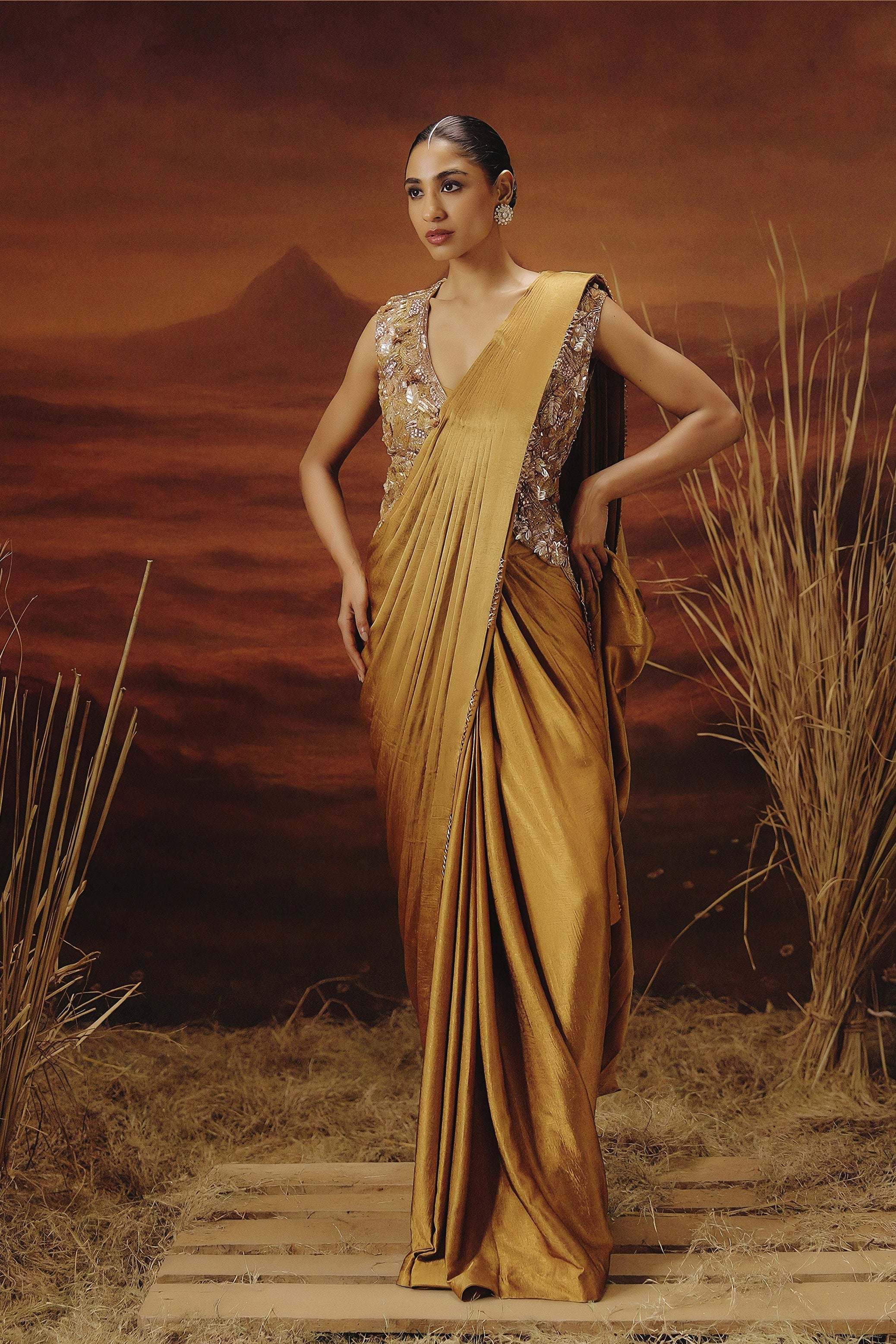Metallic Golden Embellished Tissue Silk Drape Saree
