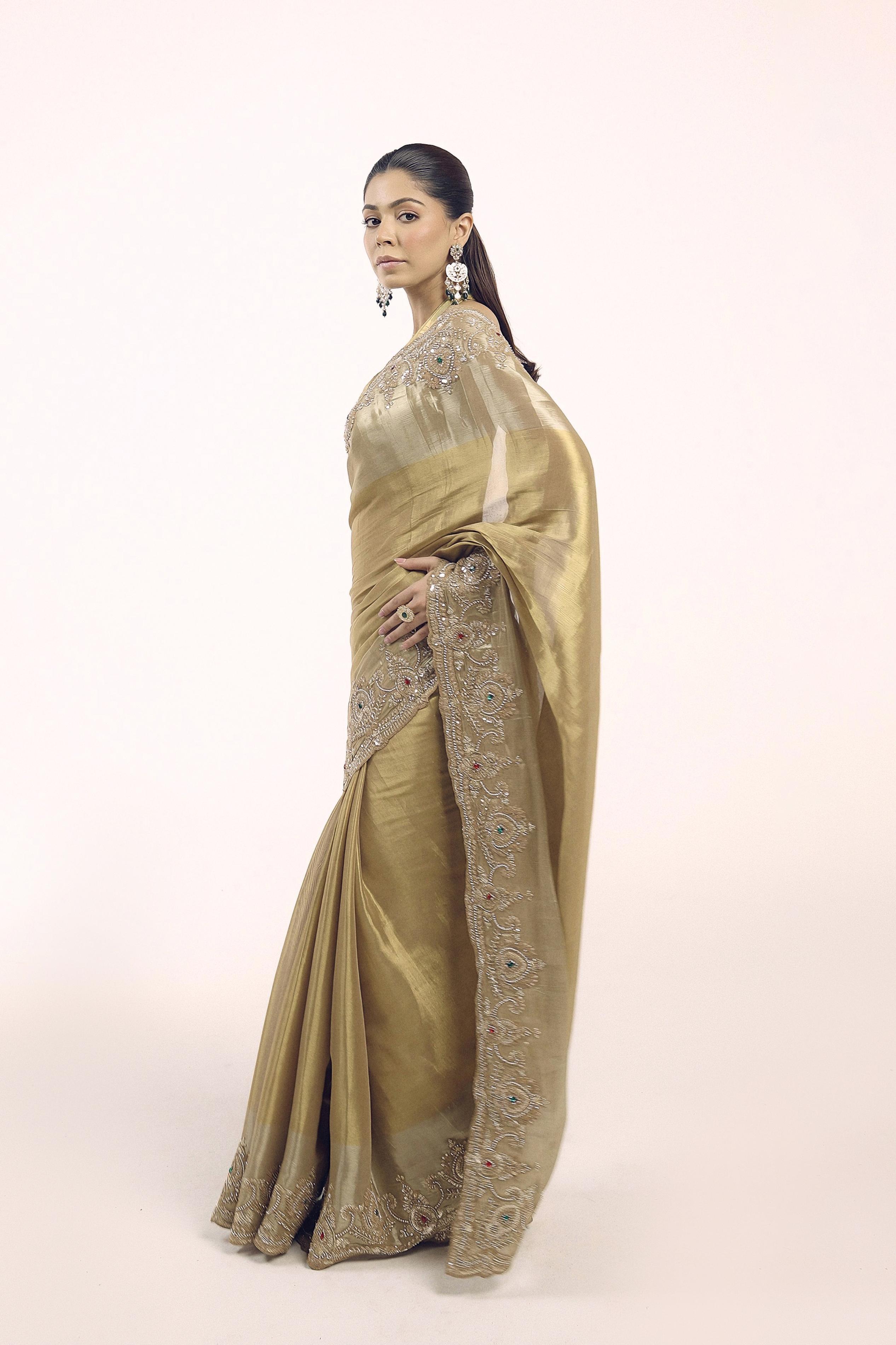 Vintage Gold Embellished Shimmer Tissue Silk Saree