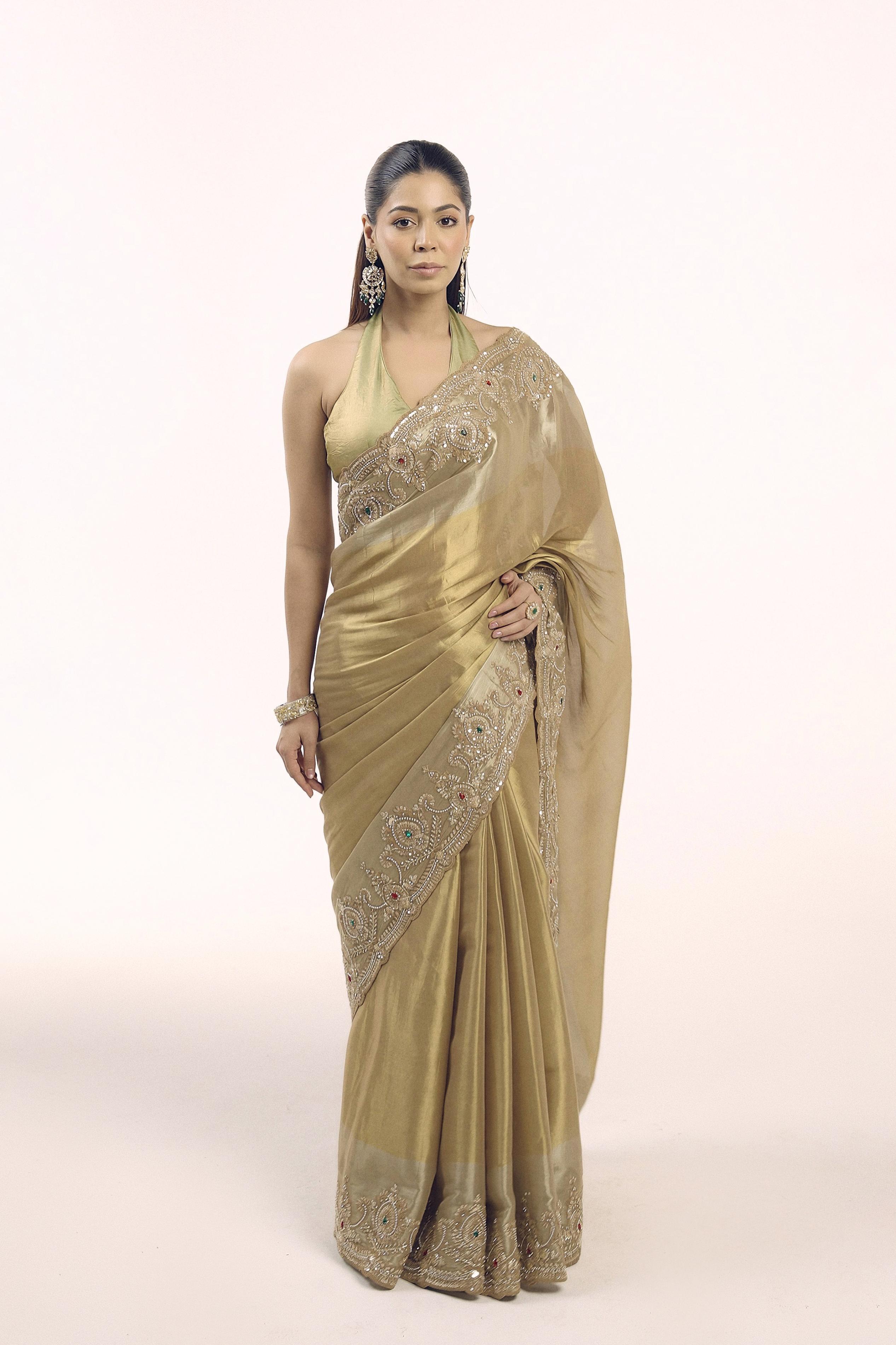 Vintage Gold Embellished Shimmer Tissue Silk Saree