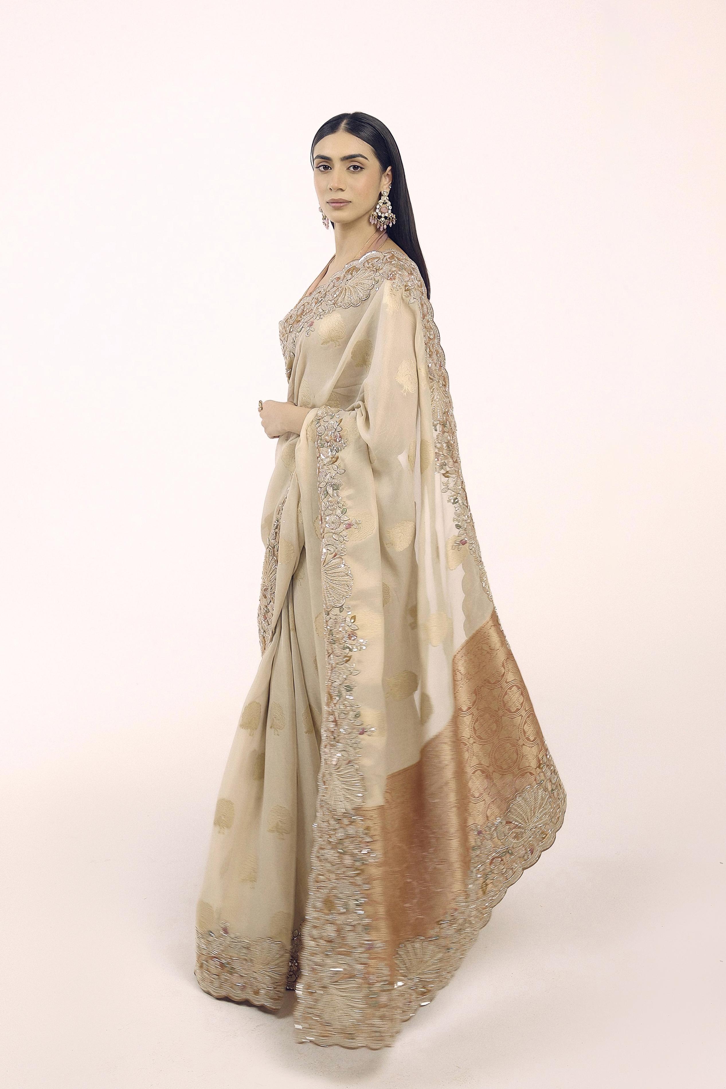 Bright Beige Embellished Premium Silk Saree