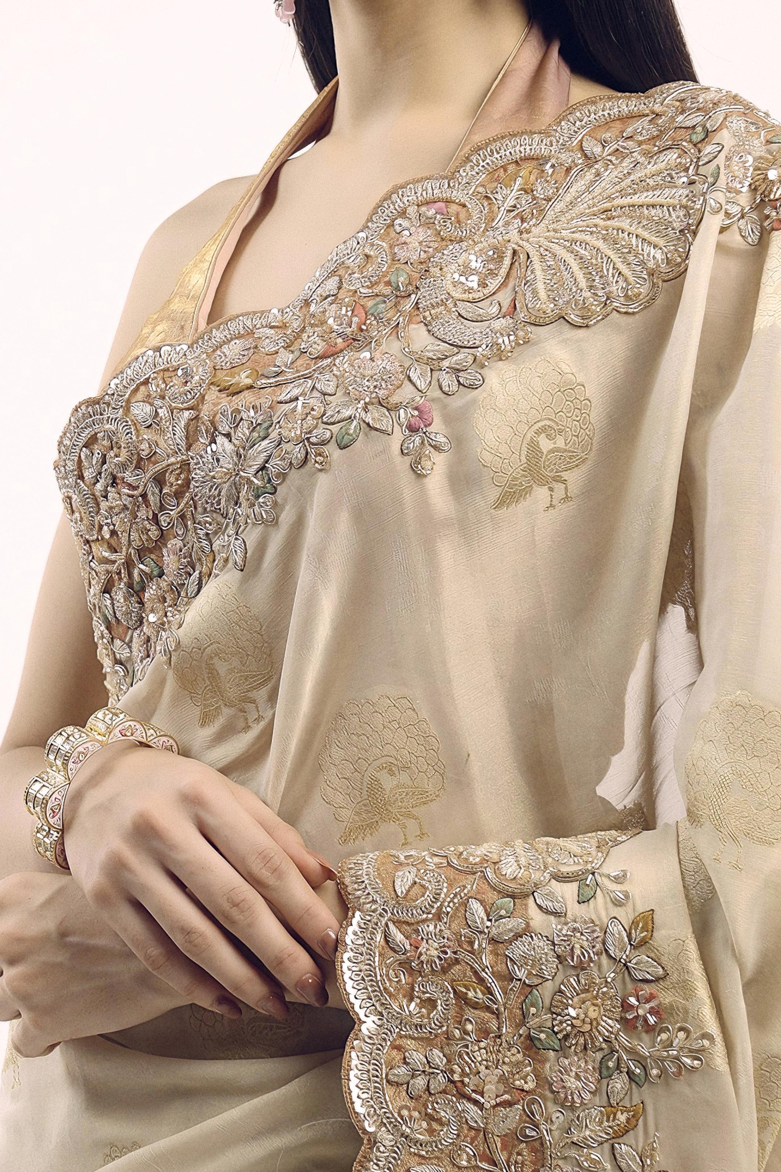 Bright Beige Embellished Premium Silk Saree