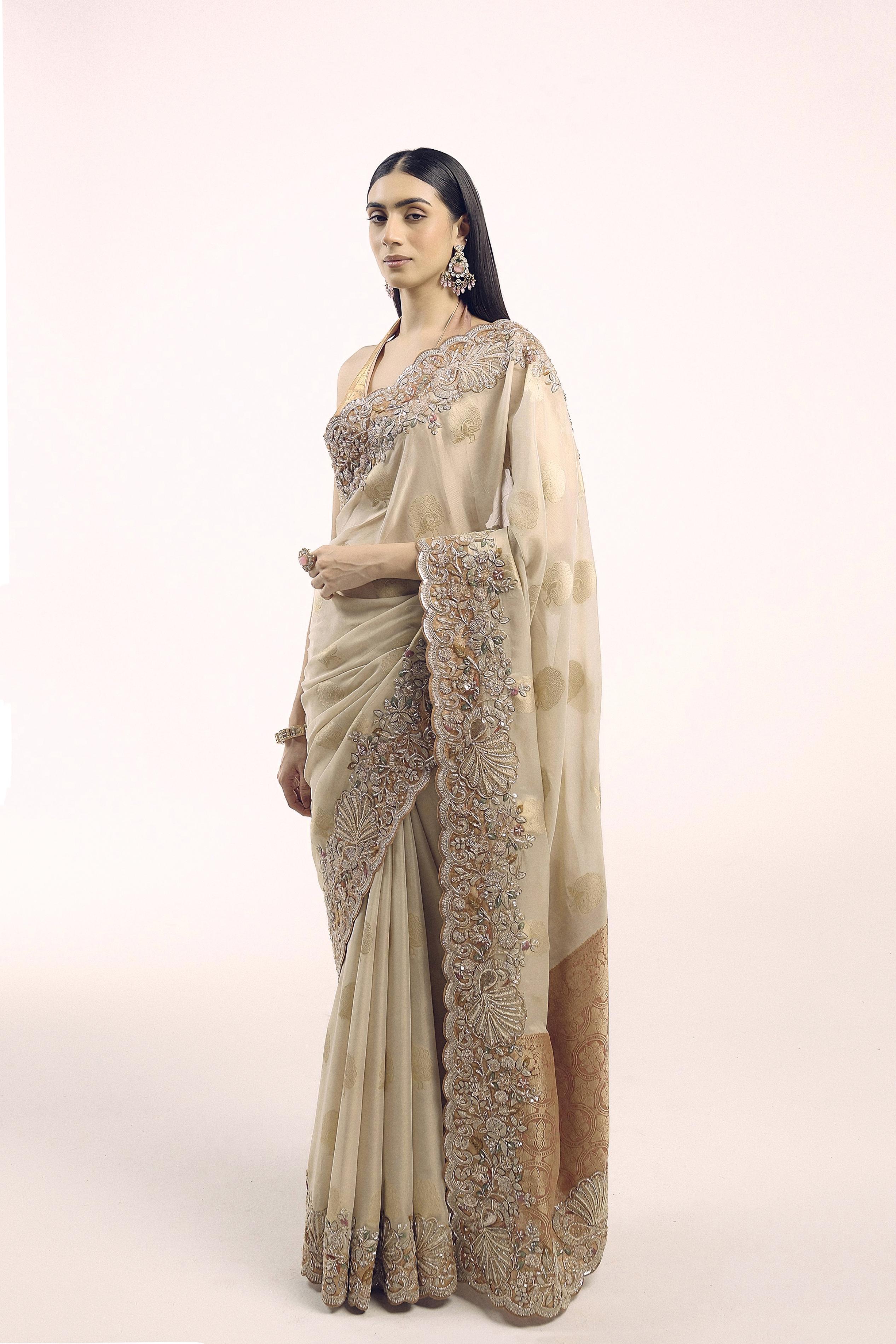 Bright Beige Embellished Premium Silk Saree