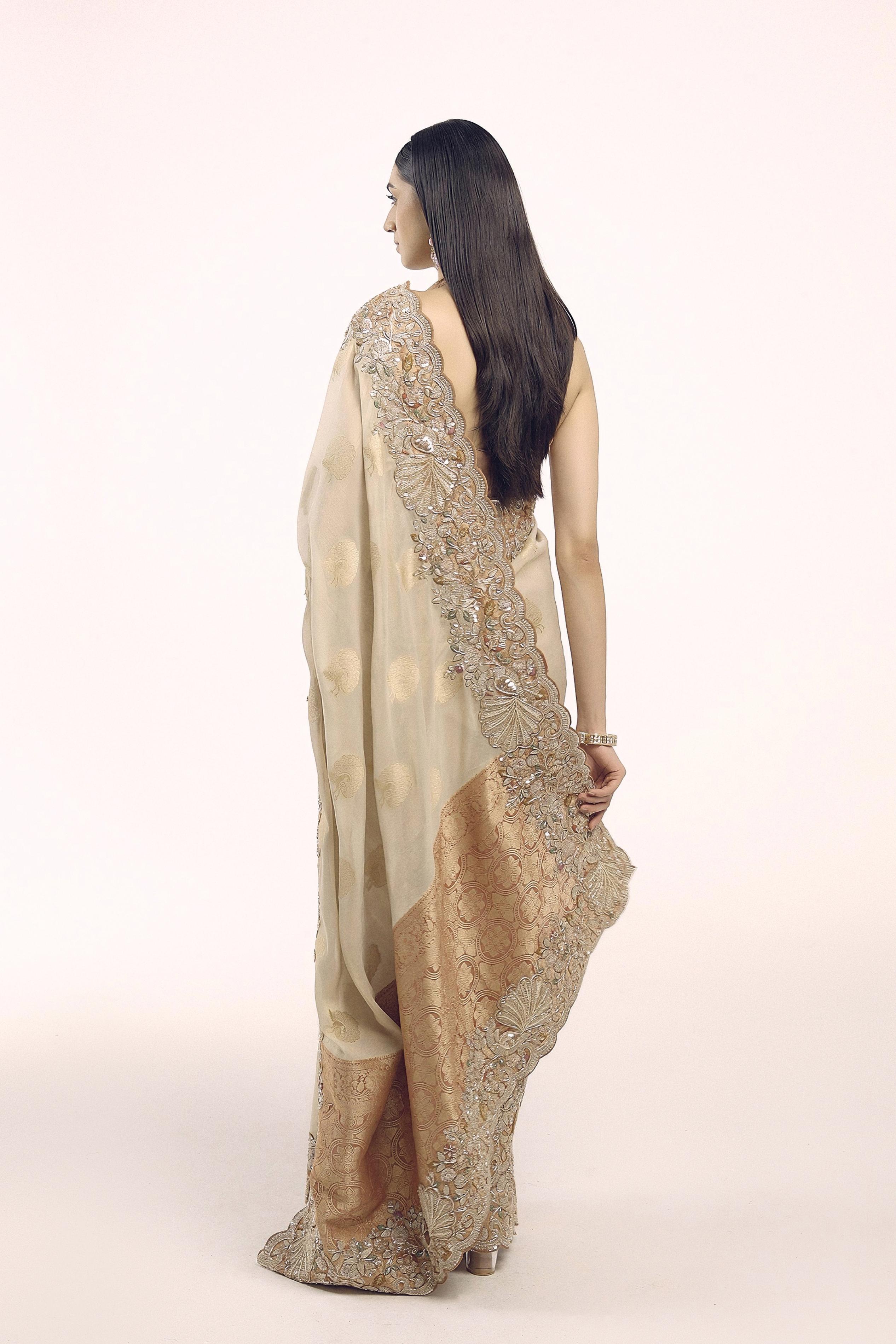 Bright Beige Embellished Premium Silk Saree