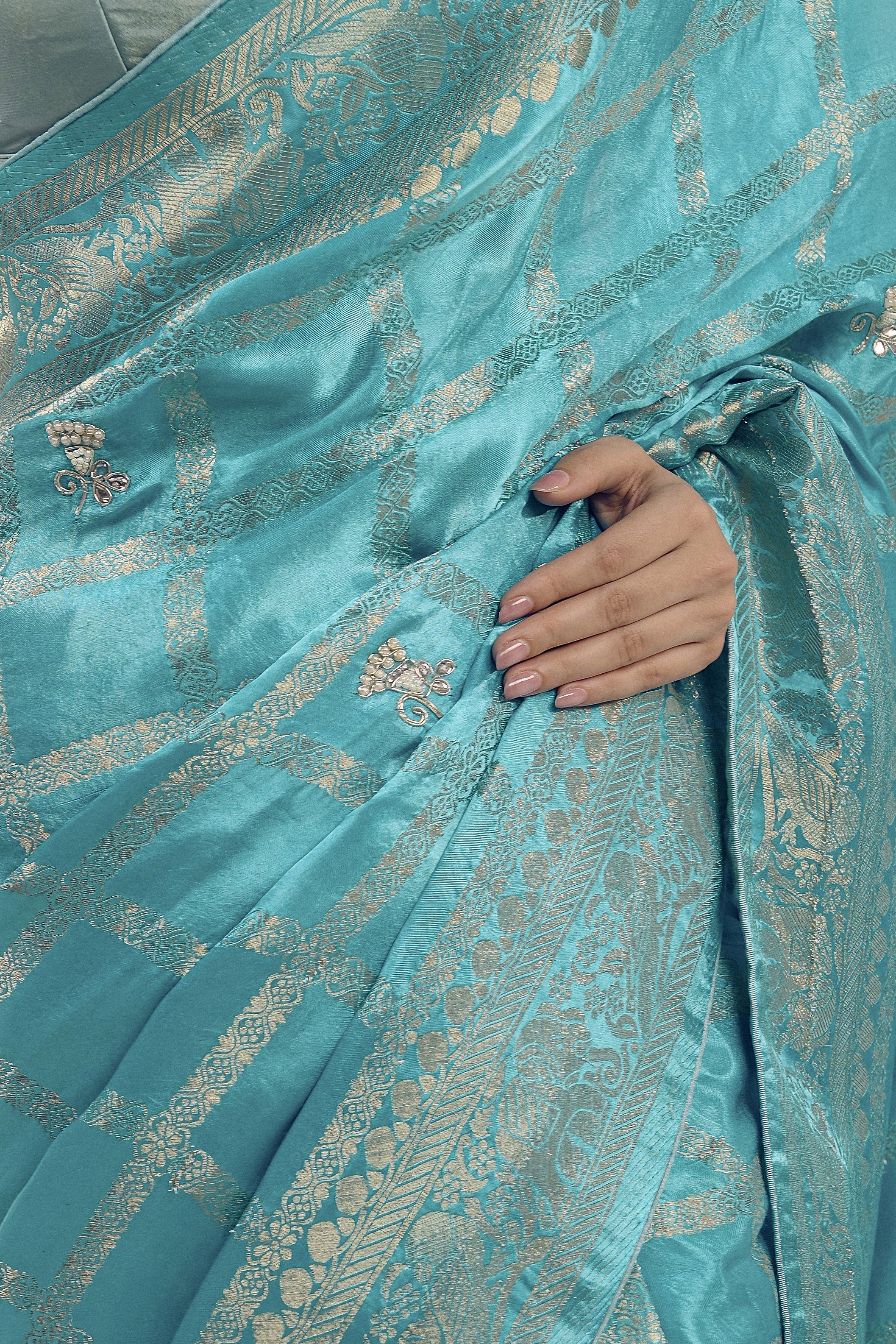Aqua Blue Embellished Premium Banarasi Silk Saree
