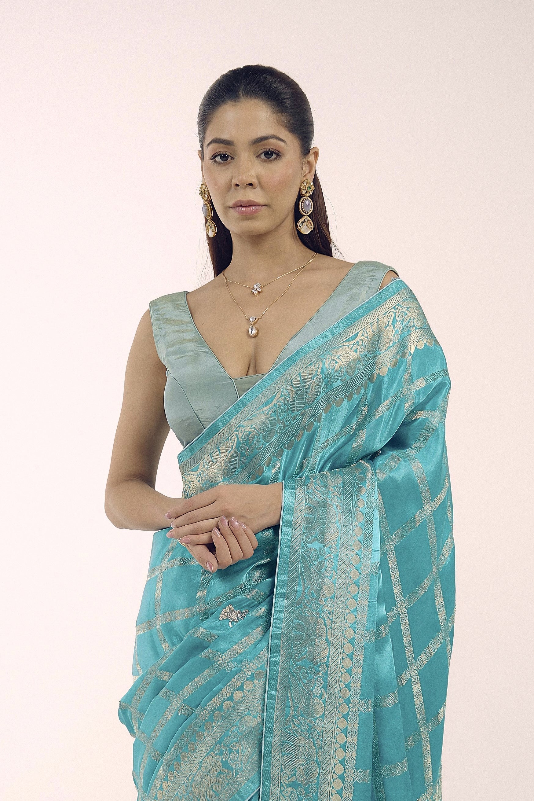 Aqua Blue Embellished Premium Banarasi Silk Saree